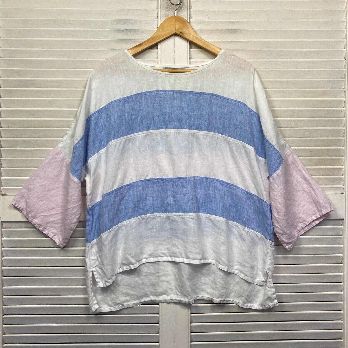 Hammock & Vine Linen Top Size 14 Plus Multicoloured Striped 3/4 Sleeve