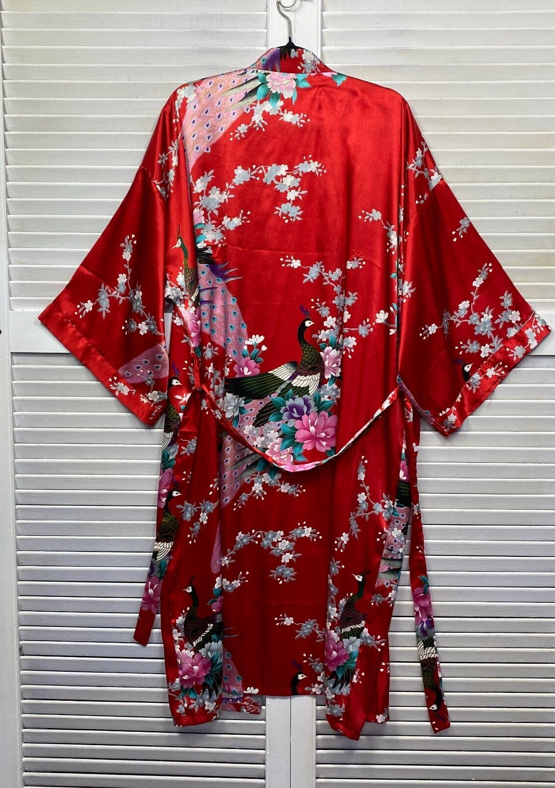 Dressing Gown Robe Sleep Red Floral Peacock Satin Belted One Size Fit to 14