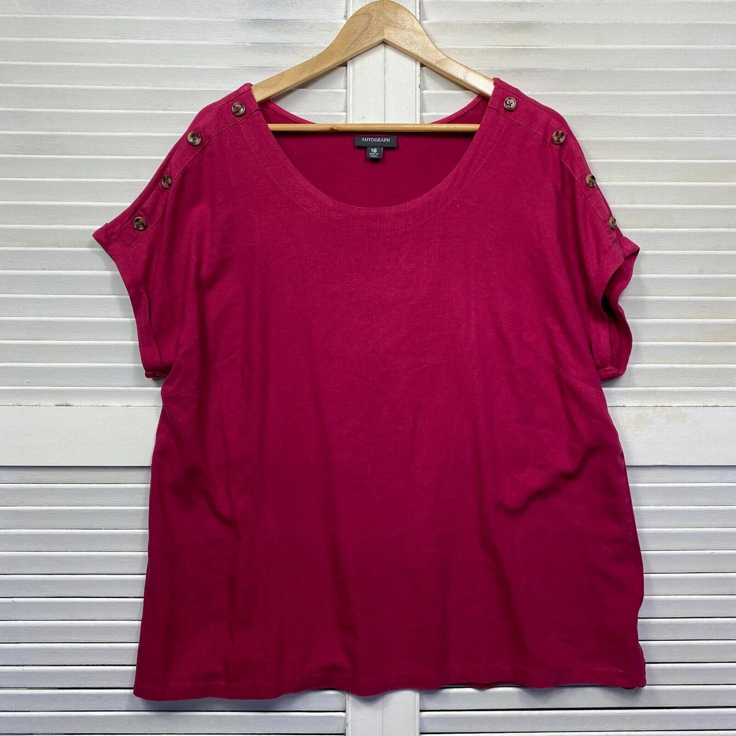 Autograph Top Size 16 Plus Pink Short Sleeve Linen Viscose Blend