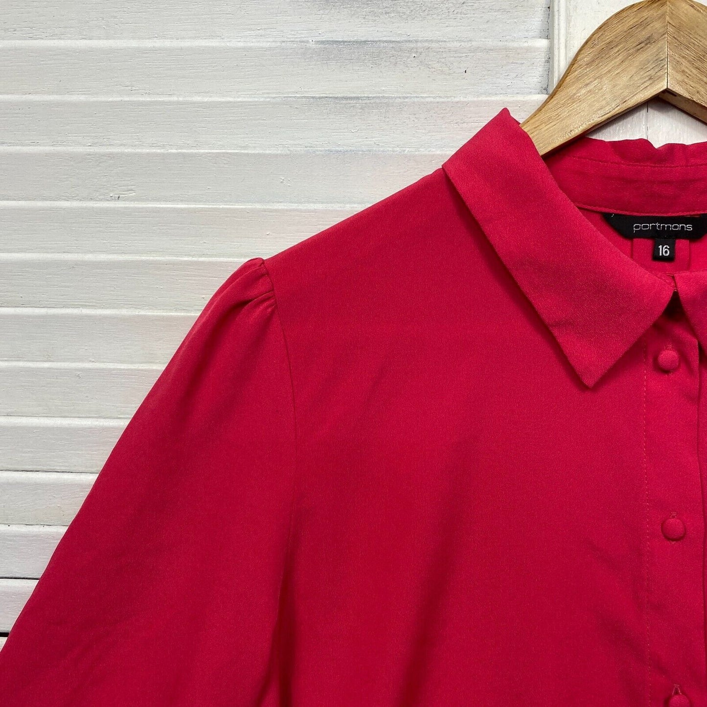 Portmans Top Red Short Sleeve Button Up Ruffle Collared Office