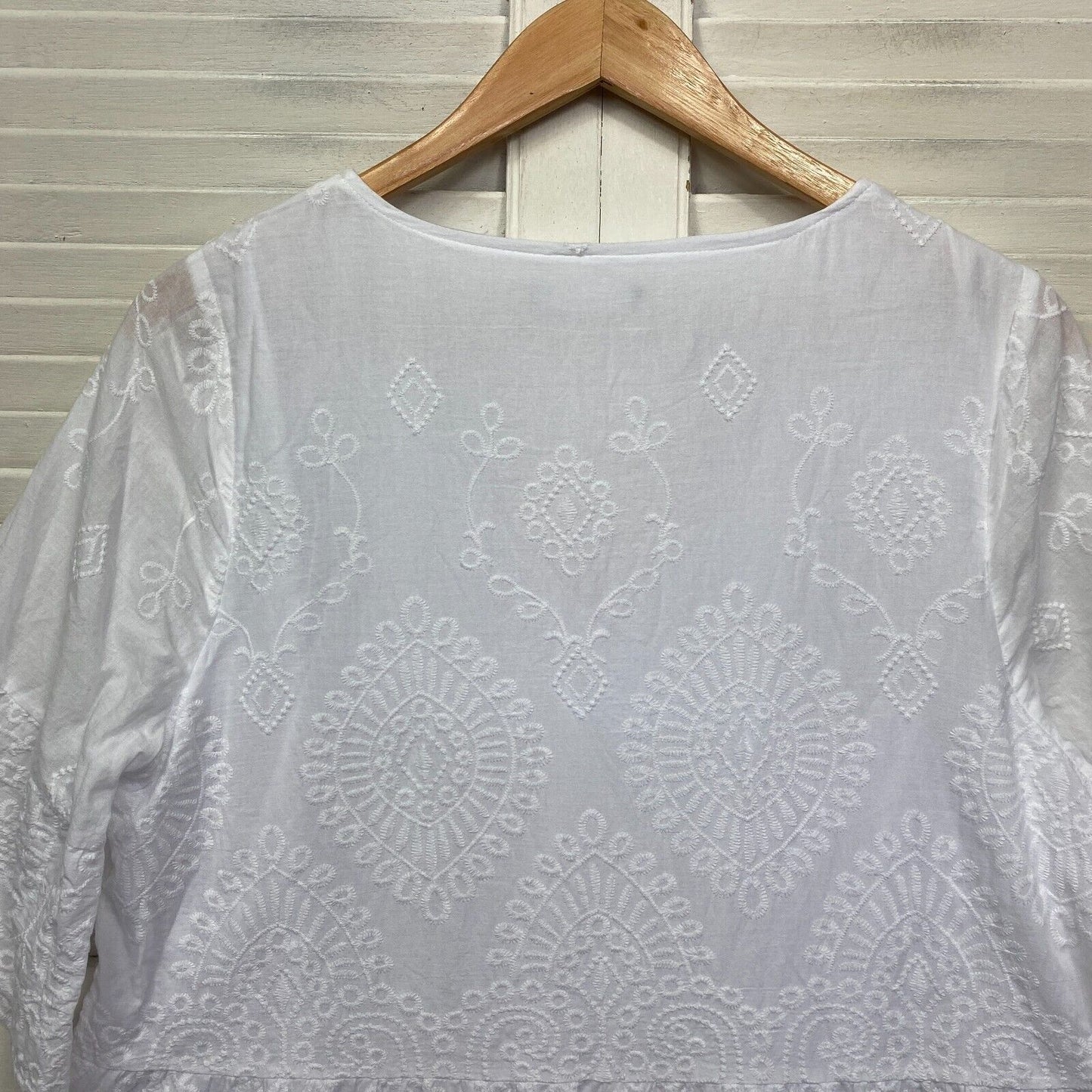 Katies Dress Size 14 White Short Sleeve Tunic Smock Embroidered Bell Sleeve Knee