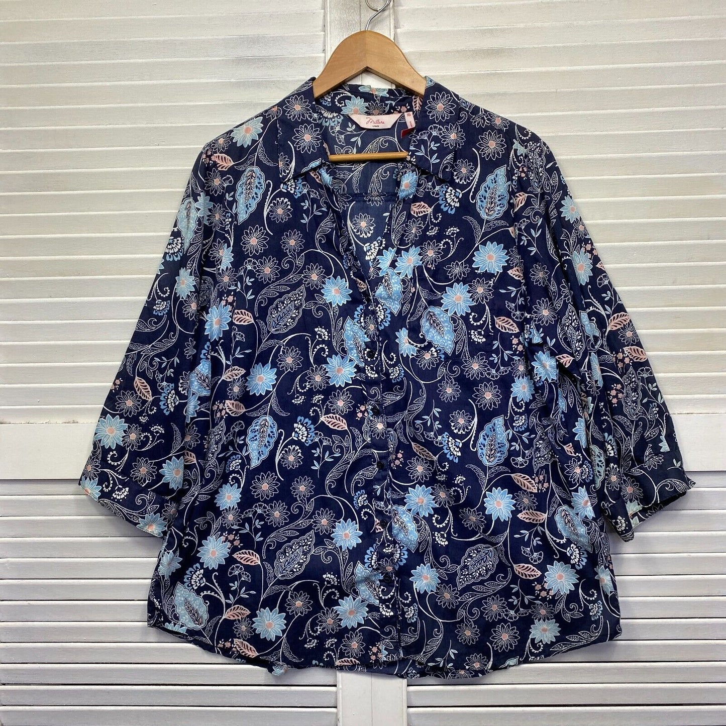 Millers Top Size 16 Plus Blue Long Sleeve Button Up Floral Paisley Print Cotton