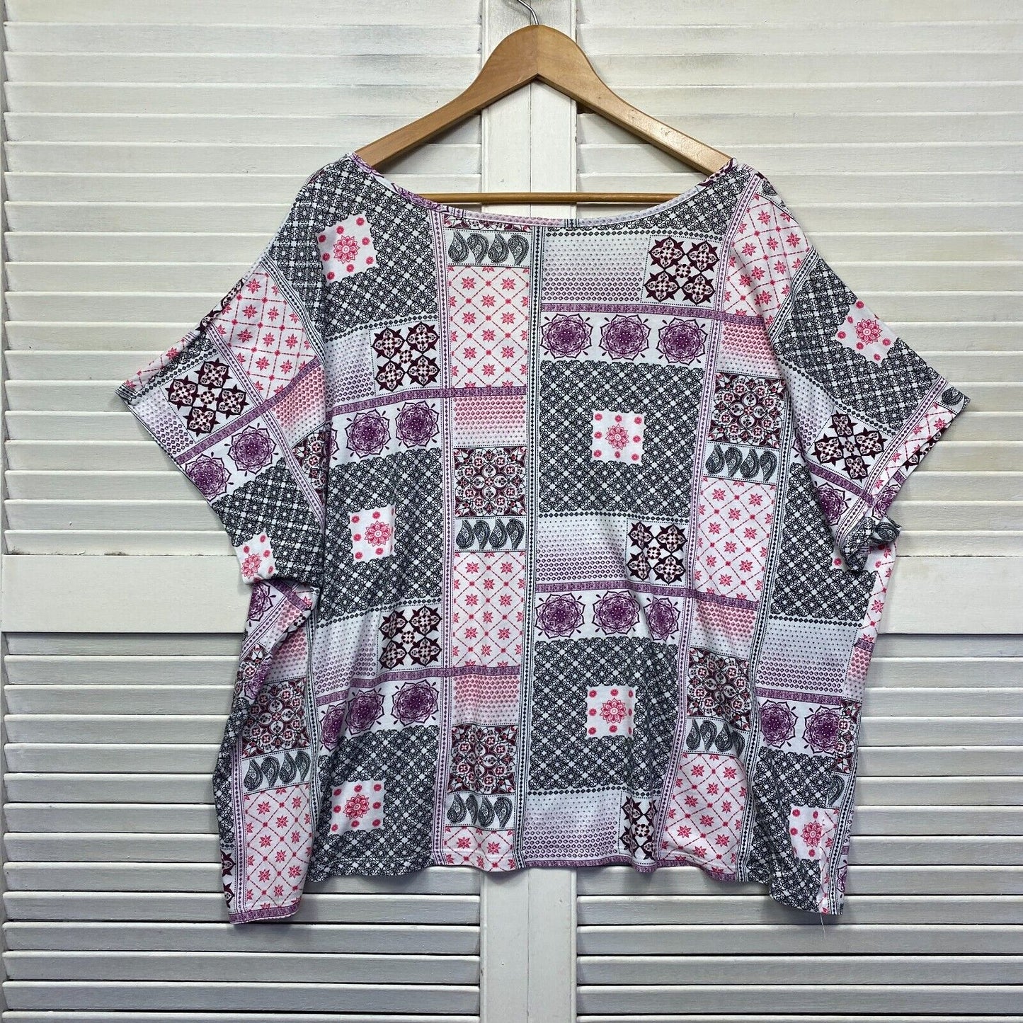 Edited Top Size 22 Plus Pink White Patchwork Print Short Sleeve Cotton