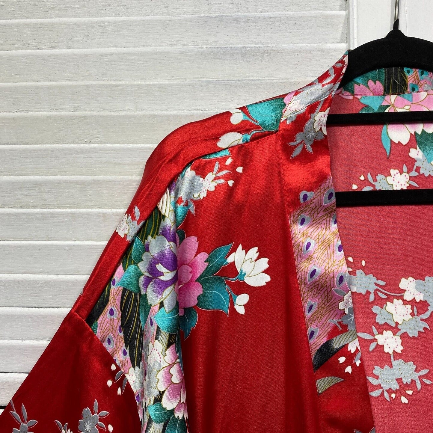 Dressing Gown Robe Sleep Red Floral Peacock Satin Belted One Size Fit to 14