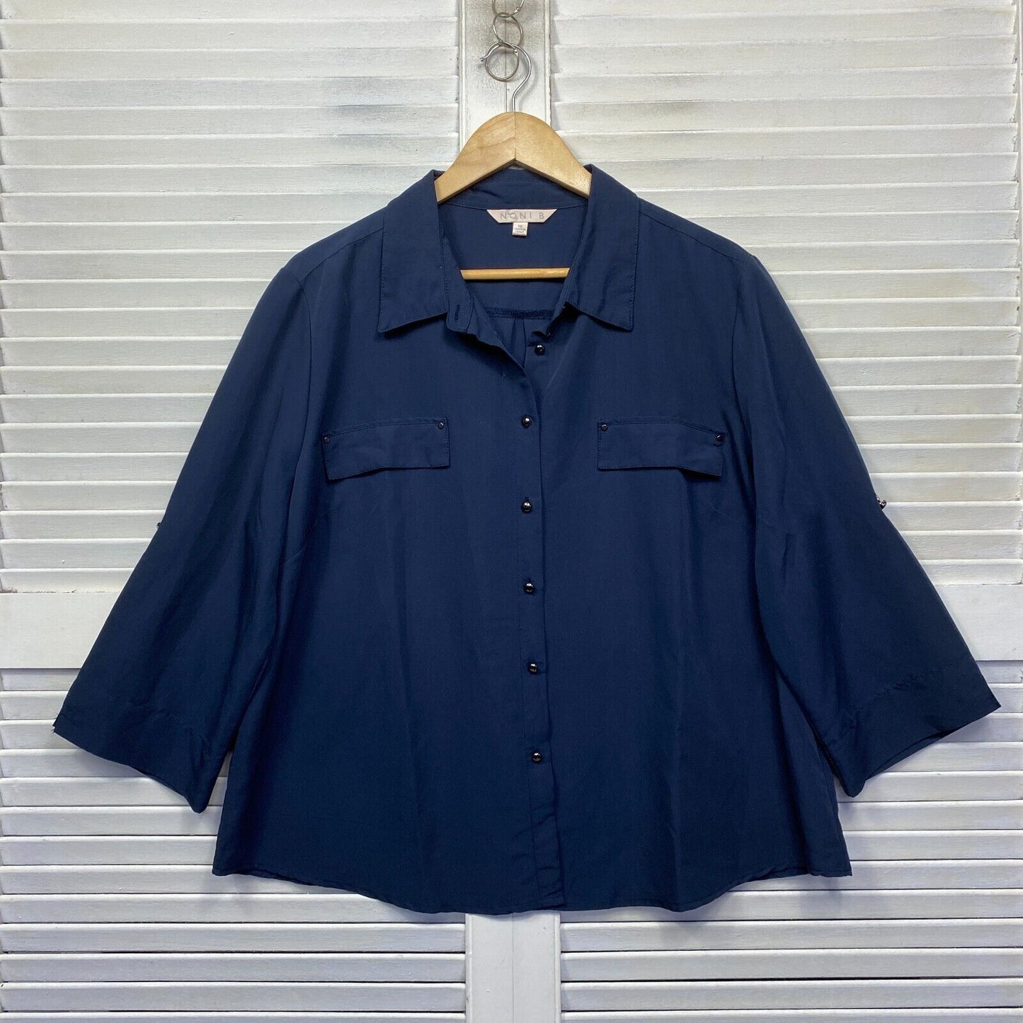 Noni B Top Size 18 Navy Blue Button Up Long Sleeve Collared Office