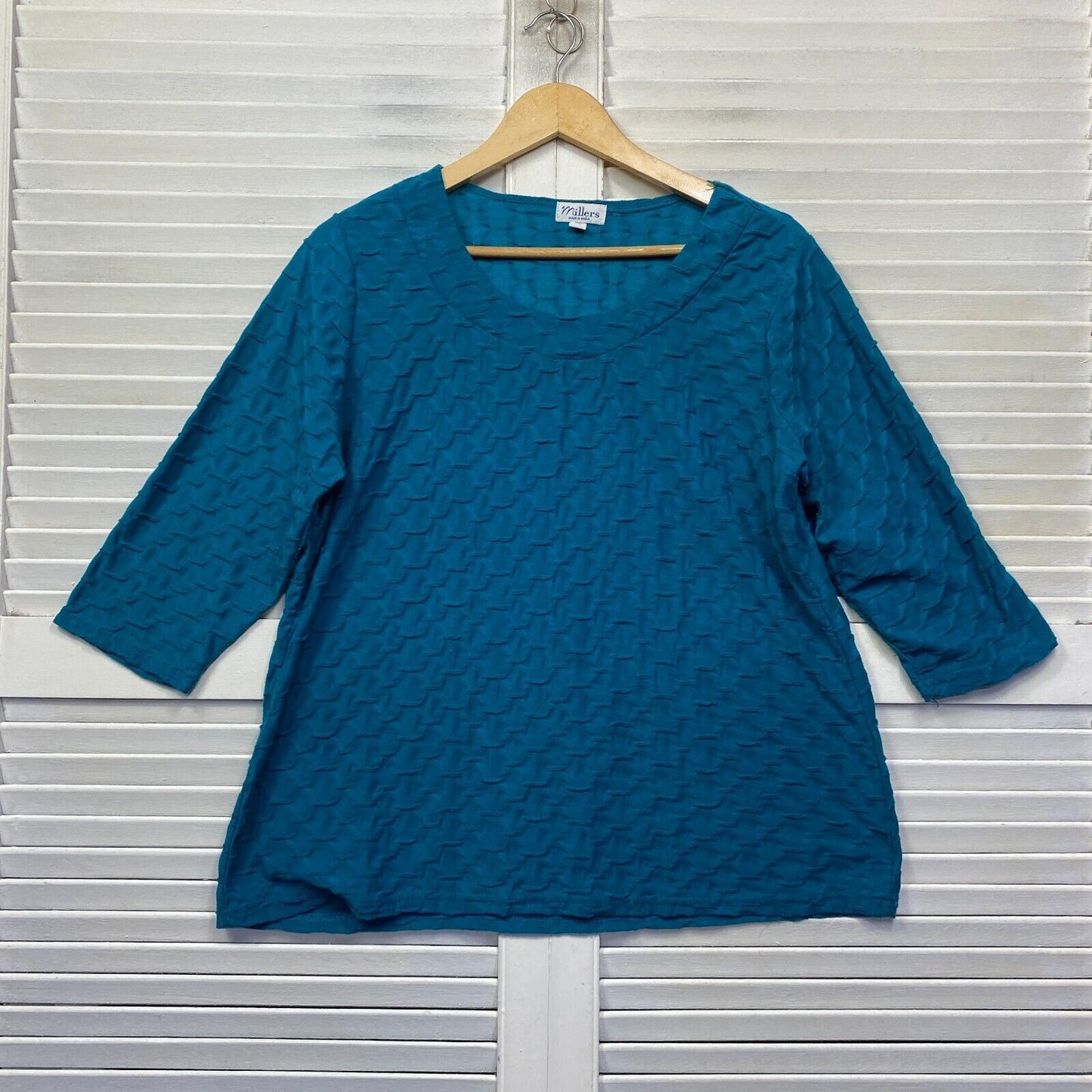 Millers Top Size 18 Plus Blue Teal 3/4 Sleeve Casual Textured