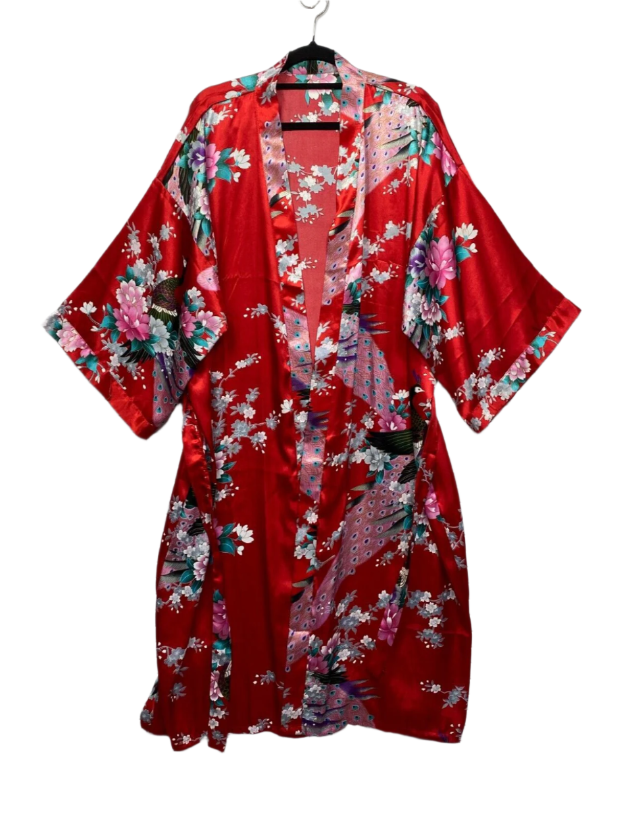 Dressing Gown Robe Sleep Red Floral Peacock Satin Belted One Size Fit to 14