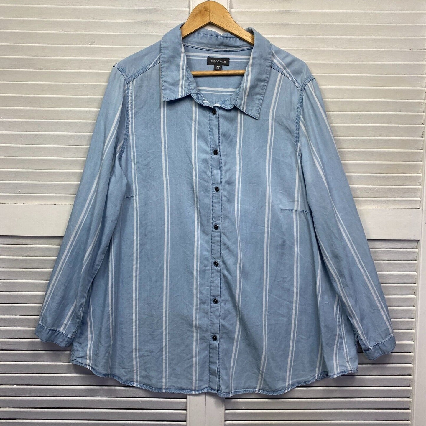 Autograph Shirt Top Size 16 Plus Blue Striped Button Up Long Sleeve Lyocell Preloved