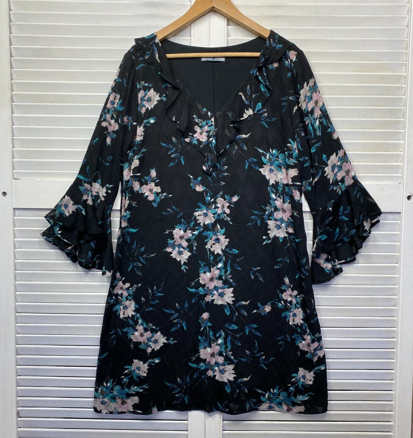 Katies Dress Size 14 Black Floral Long Bell Sleeve Lined