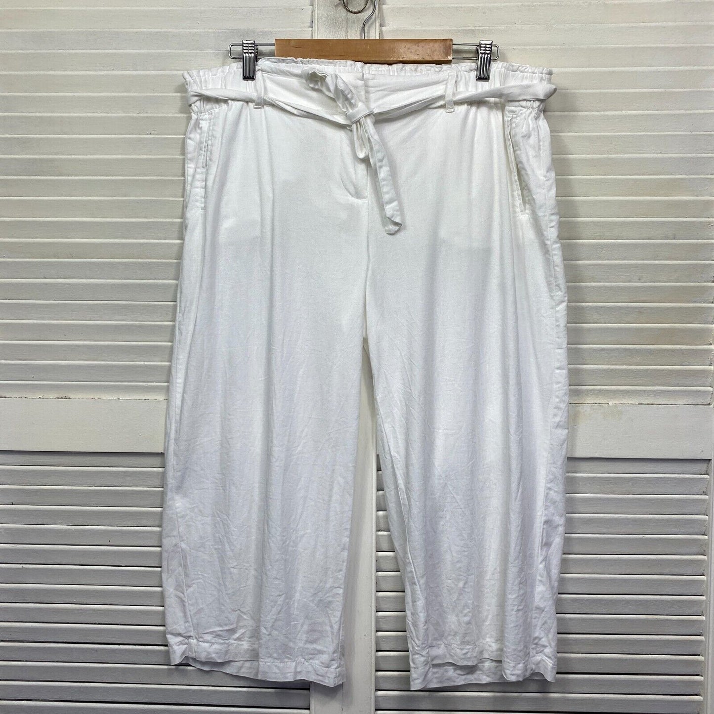 Katies Linen Pants Size 16 Plus White Pockets Straight Leg Cropped Viscose Preloved