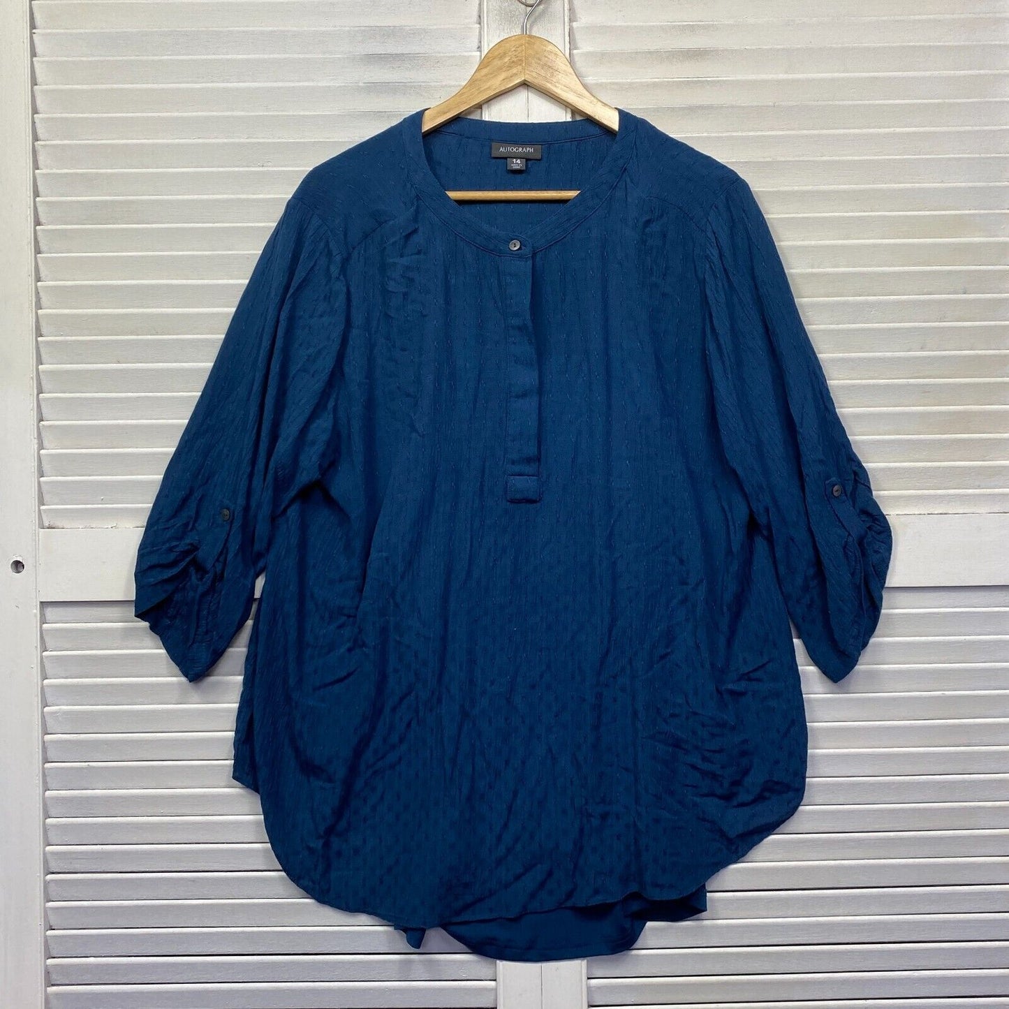 Autograph Top Size 14 Plus Tunic Blue Roll Tab Sleeve