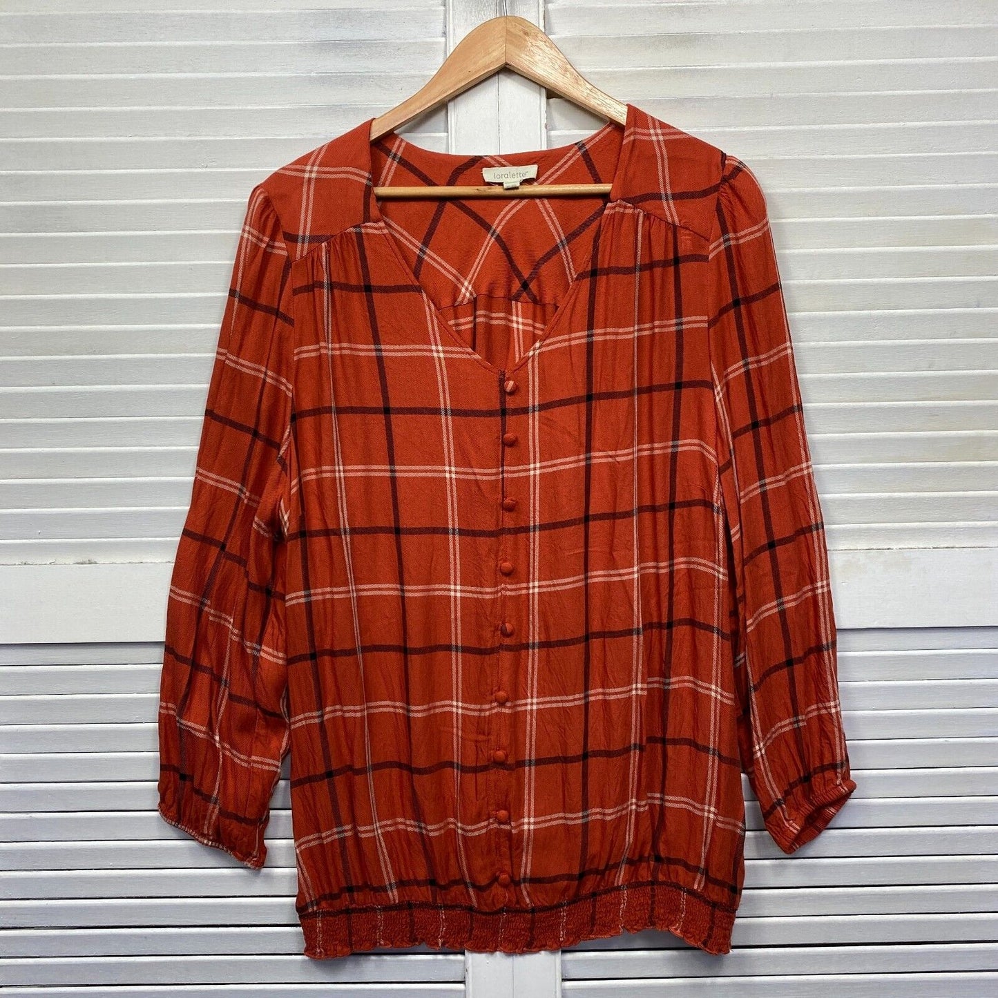 Loralette City Chic Top Size 16 18 Orange Rust Check Long Sleeve Viscose