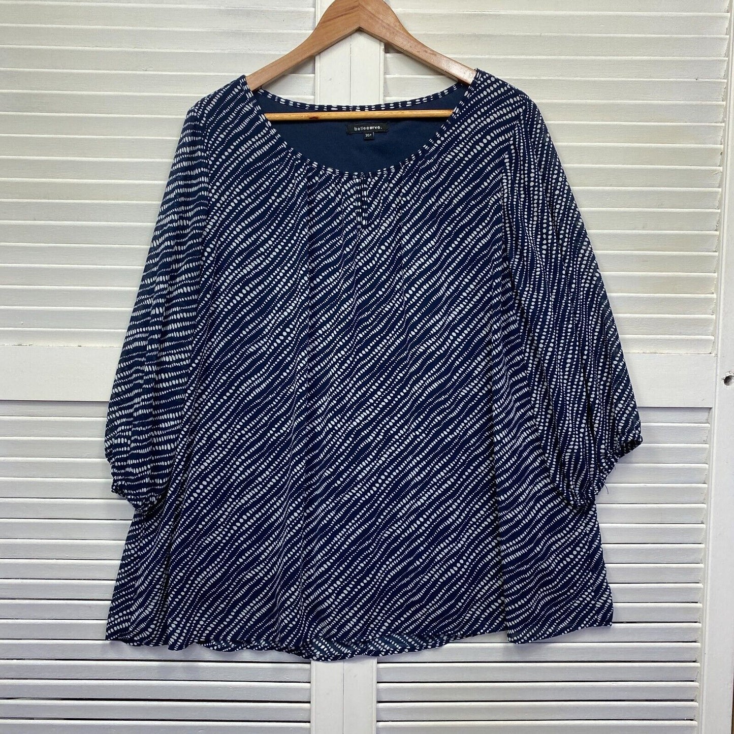 Belle Curve Top 20 Plus Blue White Long Sleeve Lined Preloved