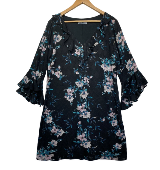 Katies Dress Size 14 Black Floral Long Bell Sleeve Lined