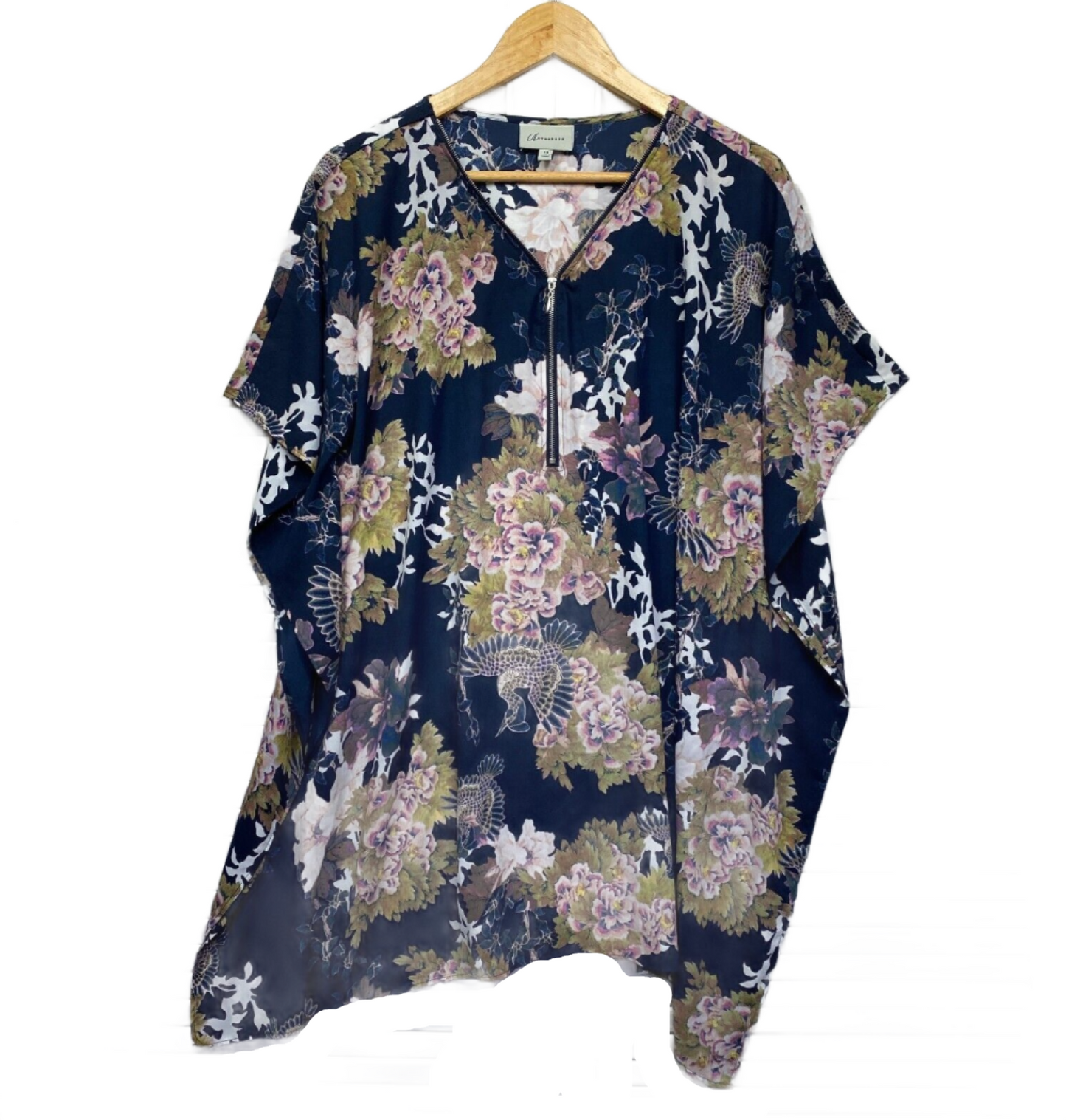 Autograph Top 14 Plus Navy Floral Kaftan Zip Neckline Longline Tunic Preloved