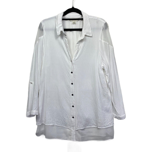 beme Top Shirt  14 Plus White Button Up Roll Tab Sleeve Sheer Collared Preloved