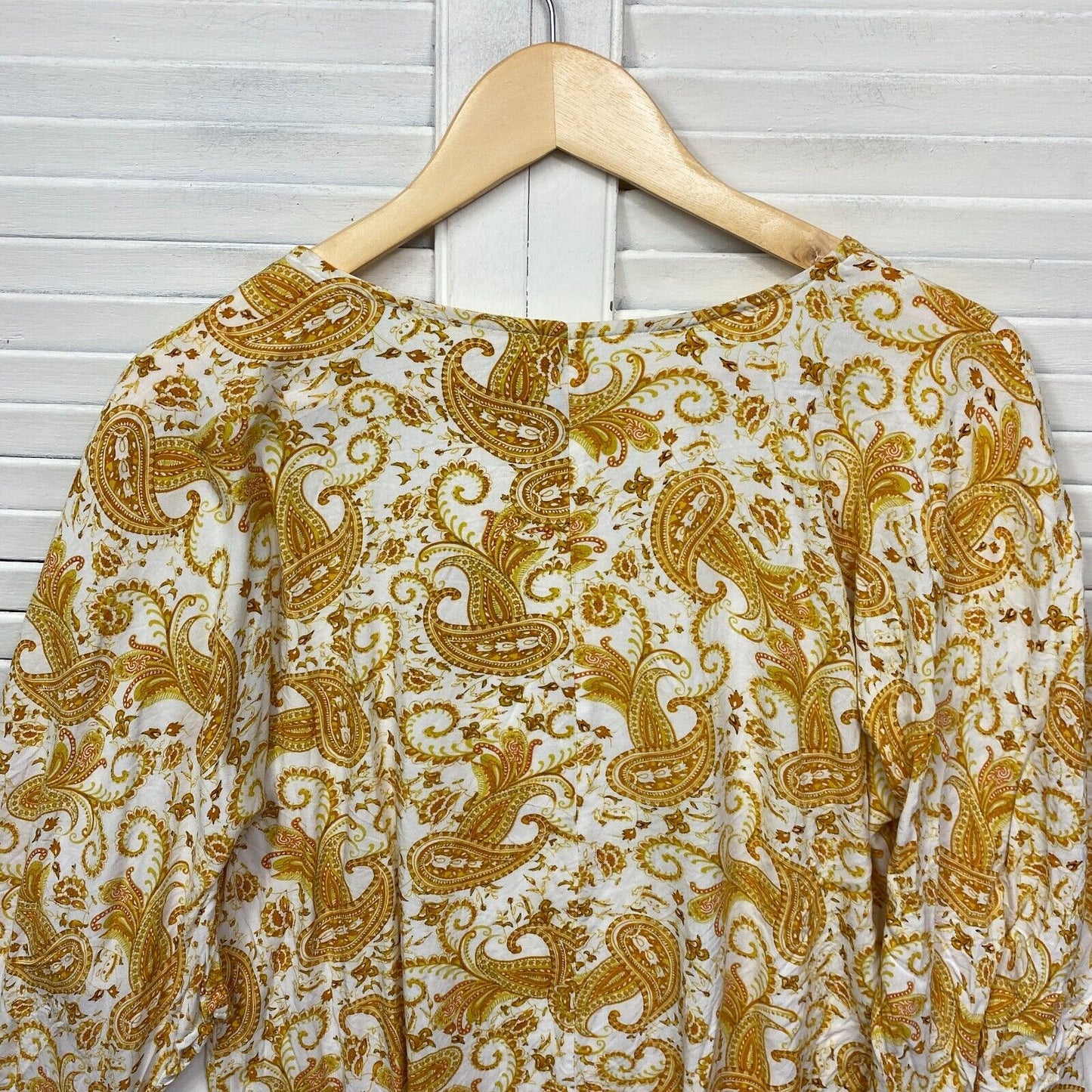 Crossroads Top Womens 14 White Mustard Paisley Print Boho Wide Sleeve