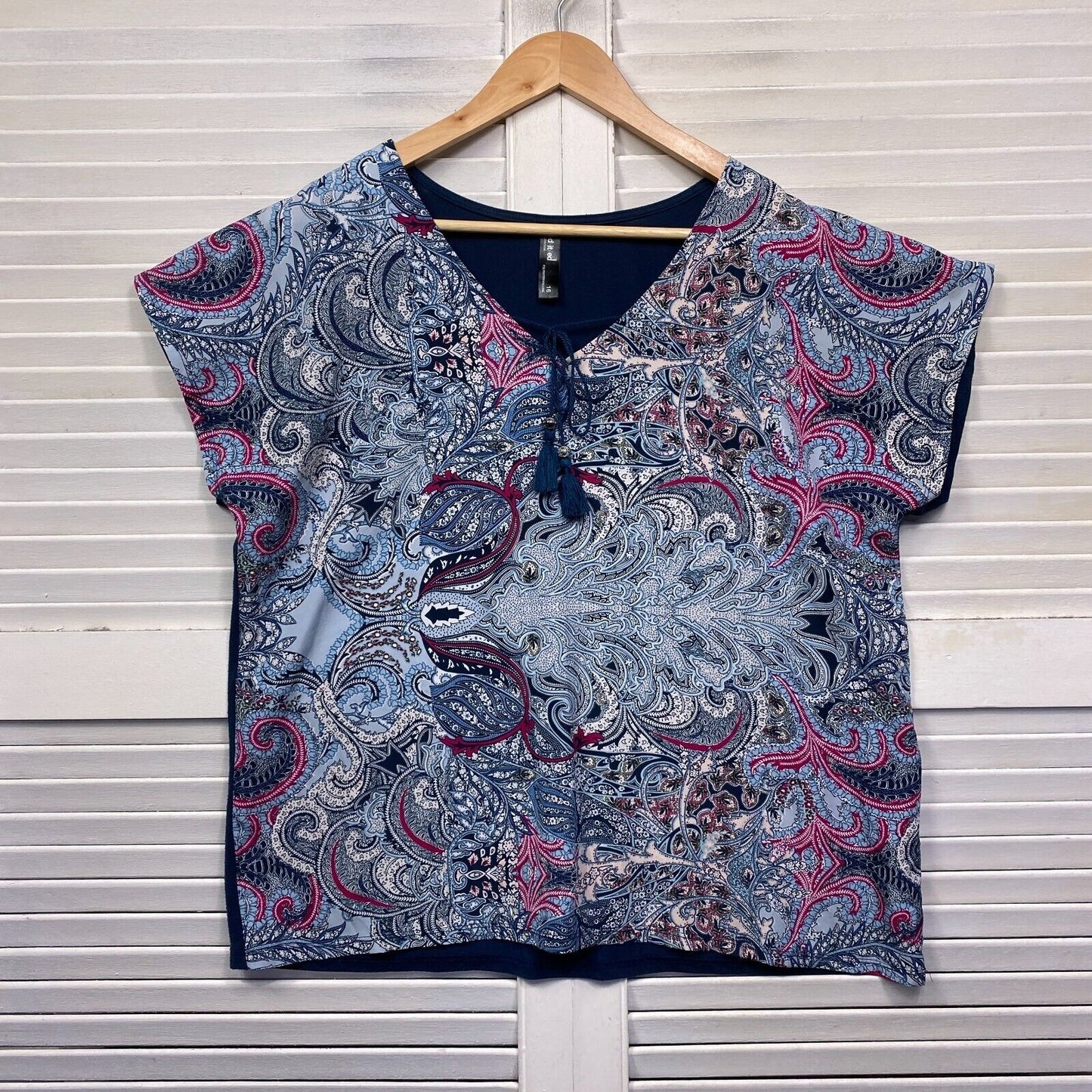 Edited Top Size 16 Plus Short Sleeve Blue Pink Paisley Print Viscose