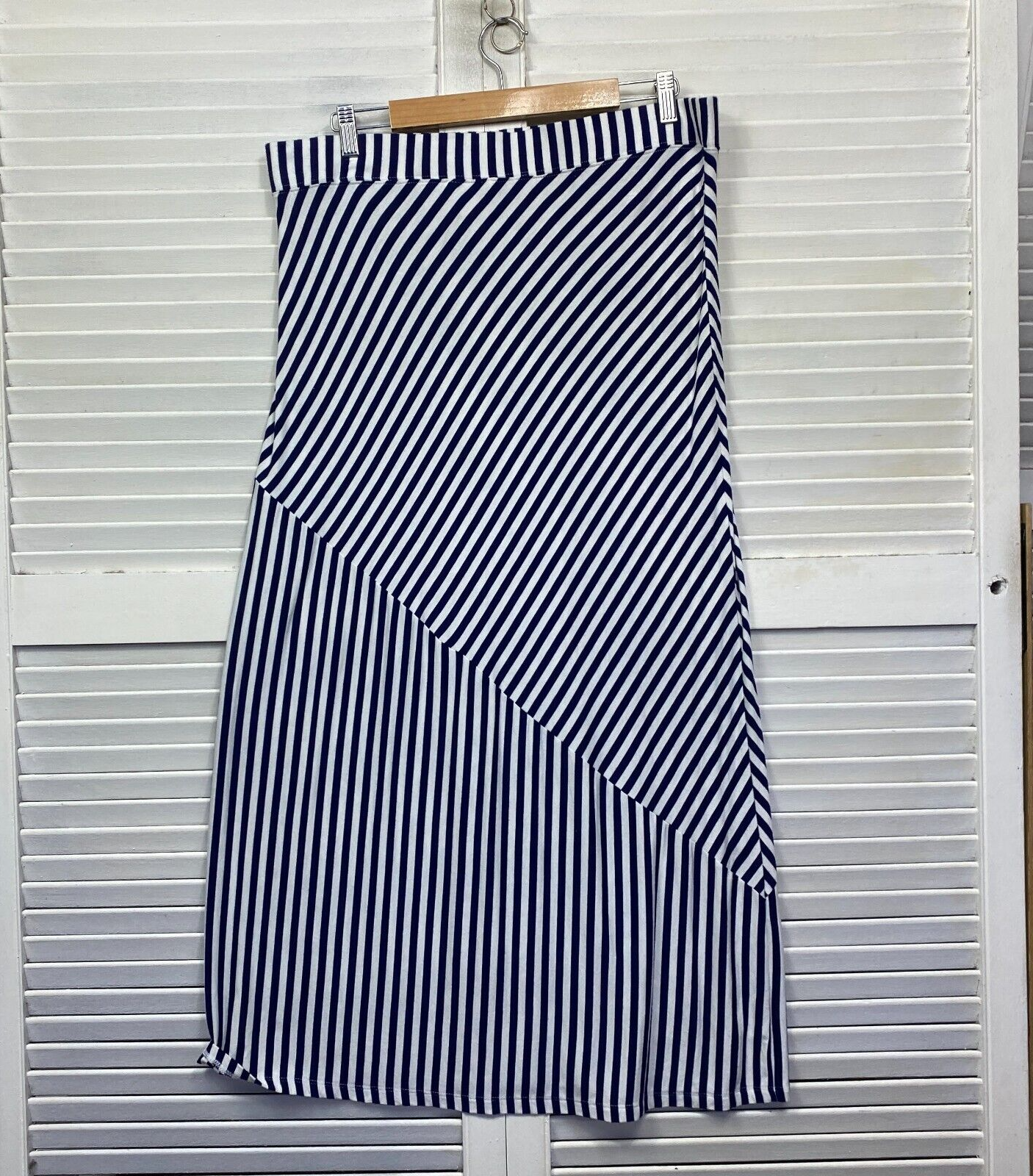 Rockmans Skirt Size 16 Plus Blue White Striped Maxi Elastic Waist