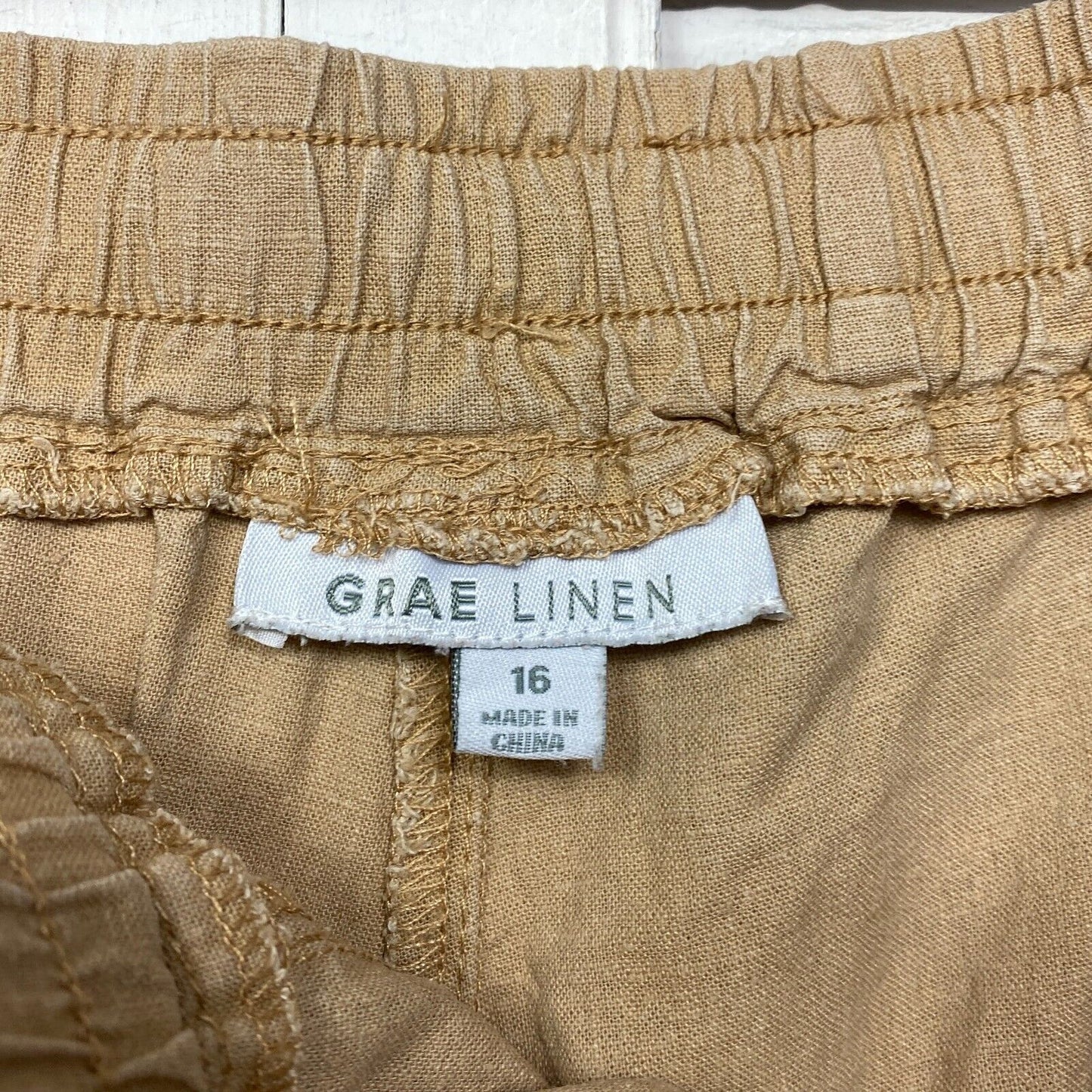 Suzanne Grae Pants Size 16 Plus Tan Beige Cropped Pockets Linen Blend Drawstring