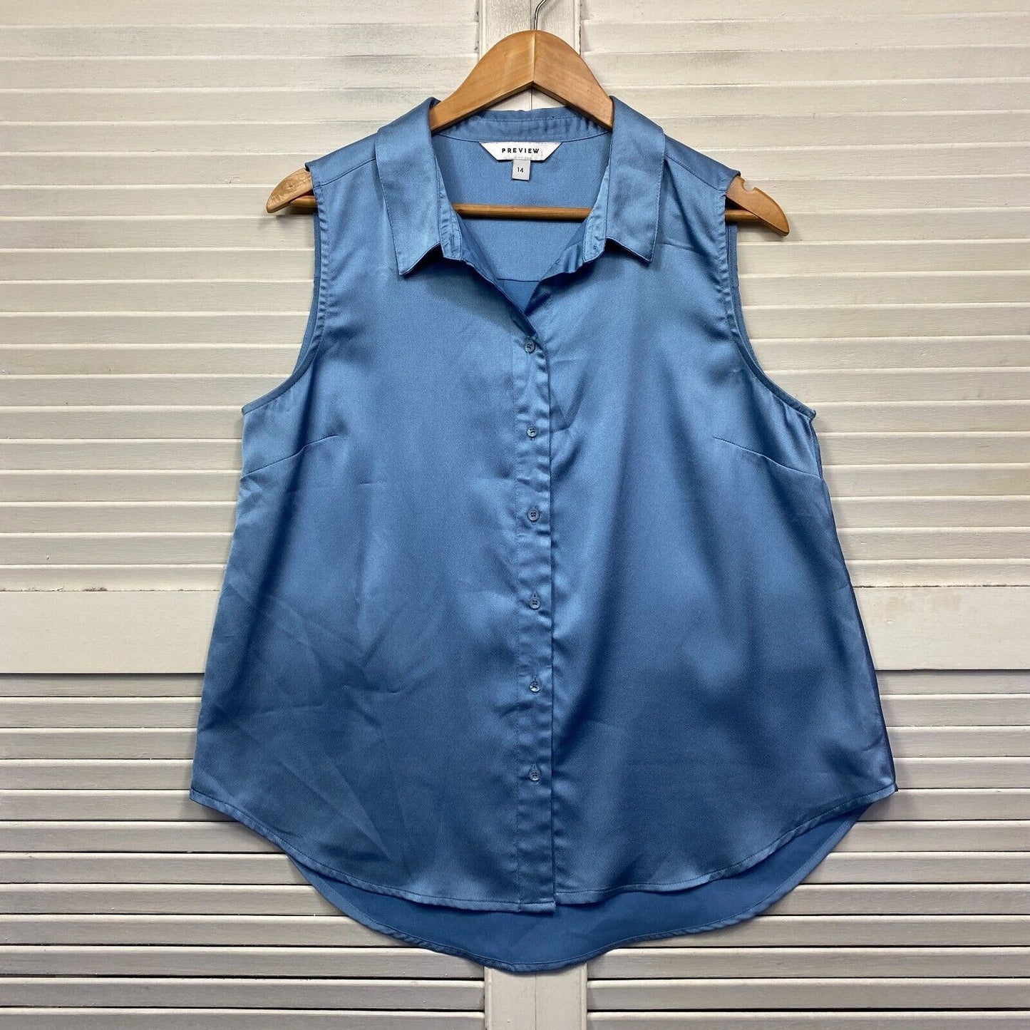 Preview Top Size 14 Blue Sleeveless Button Up Collared Shiny Office