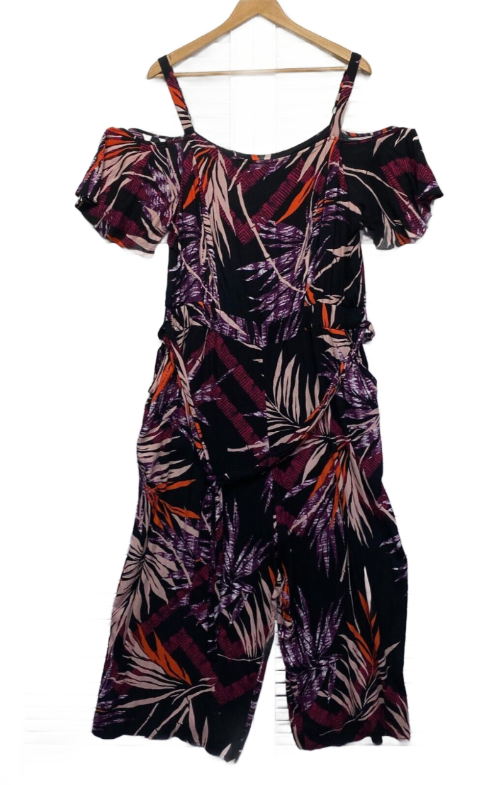 City Chic Jumpsuit 14 Plus XS Black Floral Cold Shoulder Sleeve Pockets