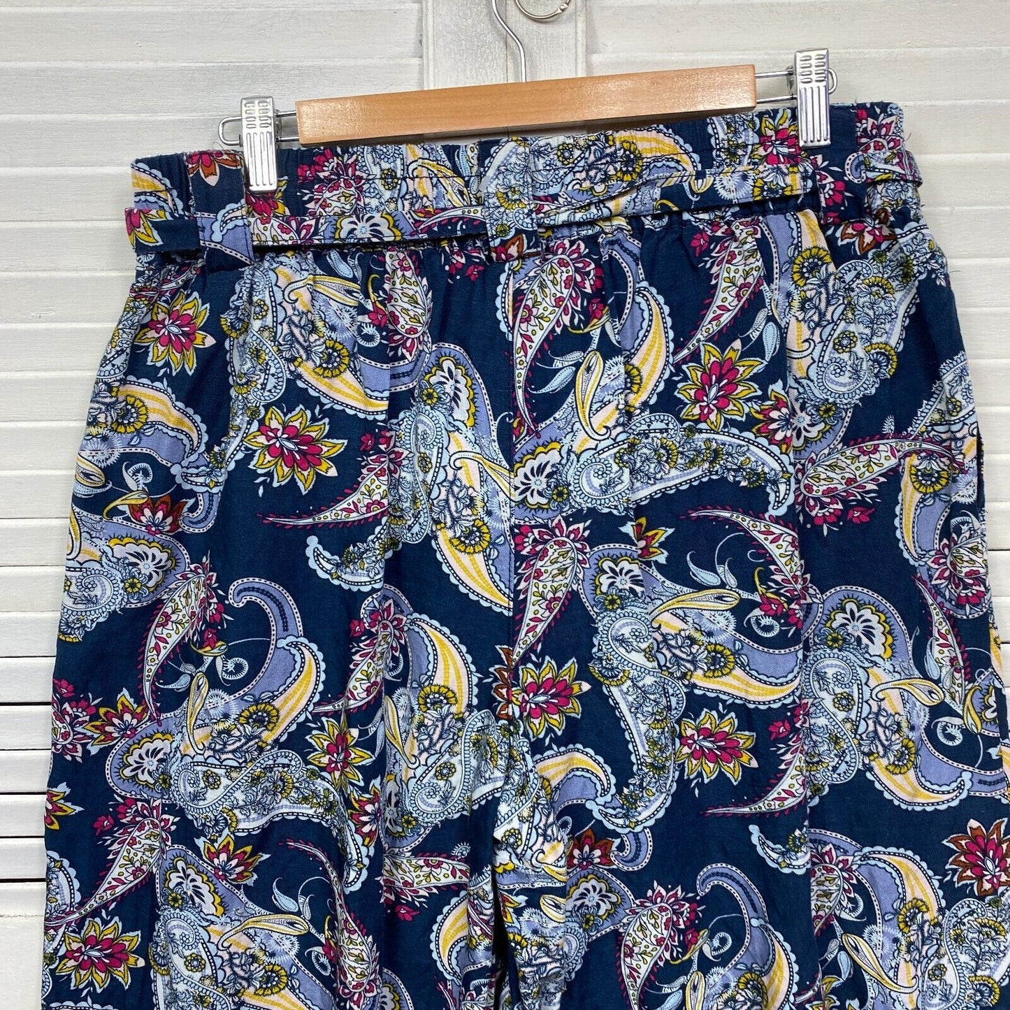 Target Linen Pants Size 14 Navy Paisley Floral Cropped Pockets Belt Preloved