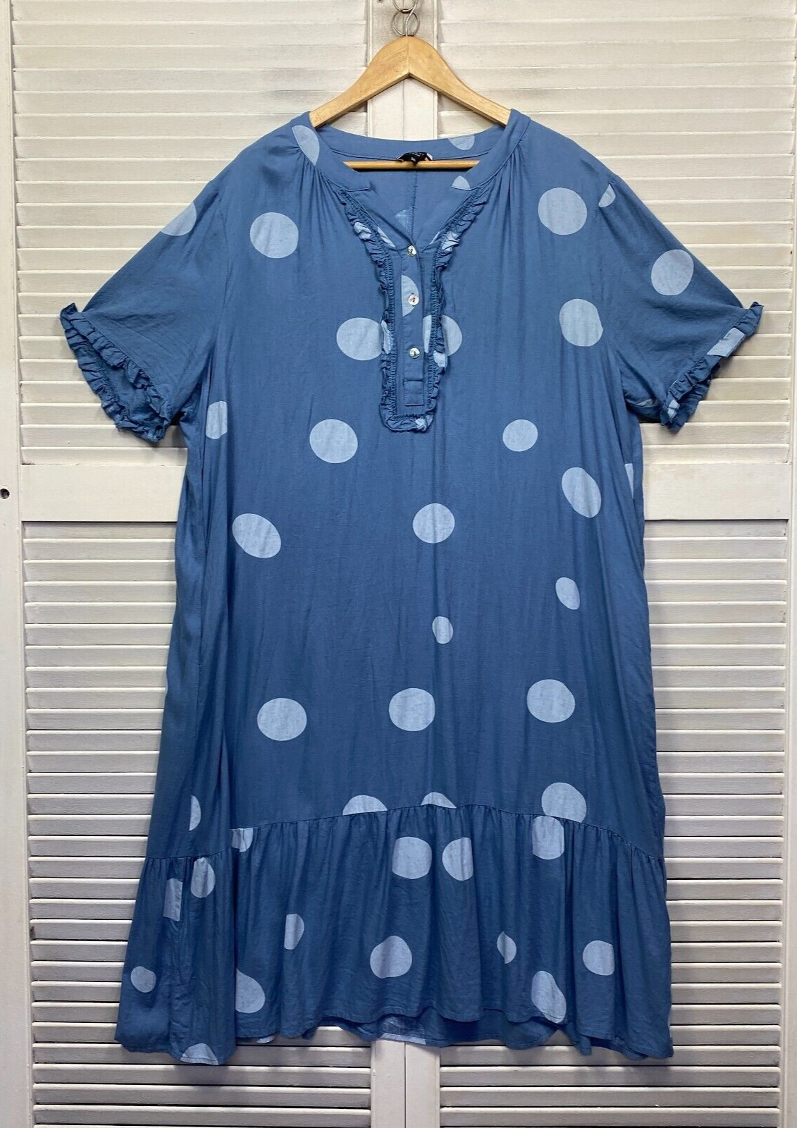 Clarity by Threadz Dress Size 3XL 18 20 Blue Polka Dots Pockets Linen Blend