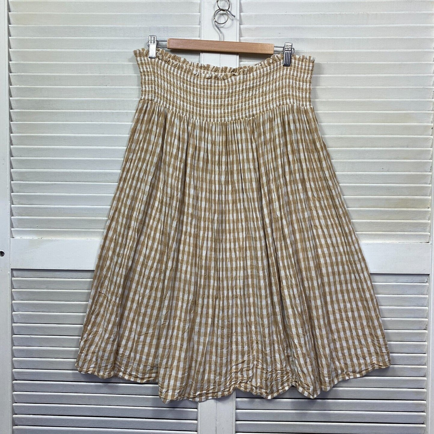 Anko Skirt Size 16 Plus Beige White Gingham Check Elastic Waist Viscose Midi