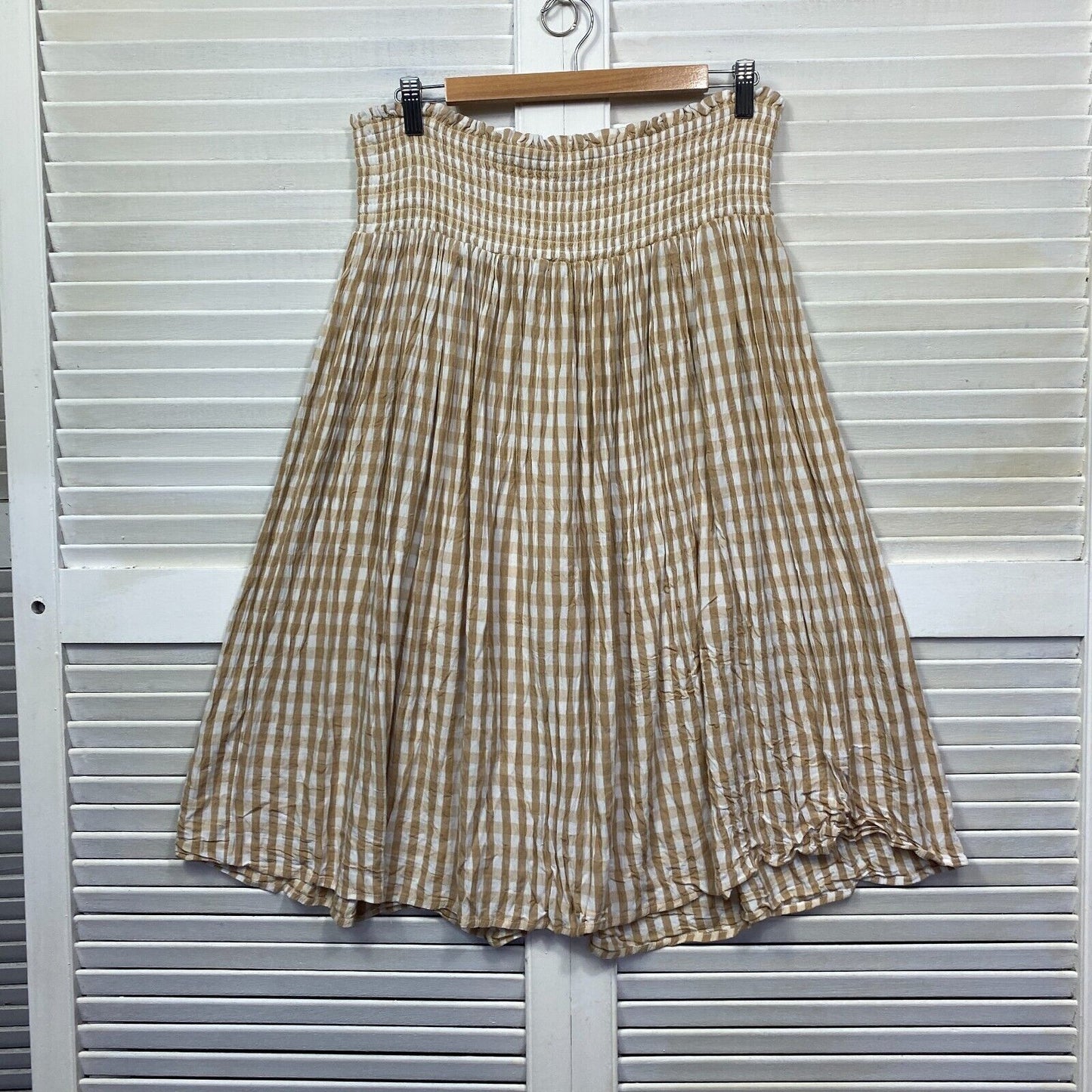 Anko Skirt Size 16 Plus Beige White Gingham Check Elastic Waist Viscose Midi