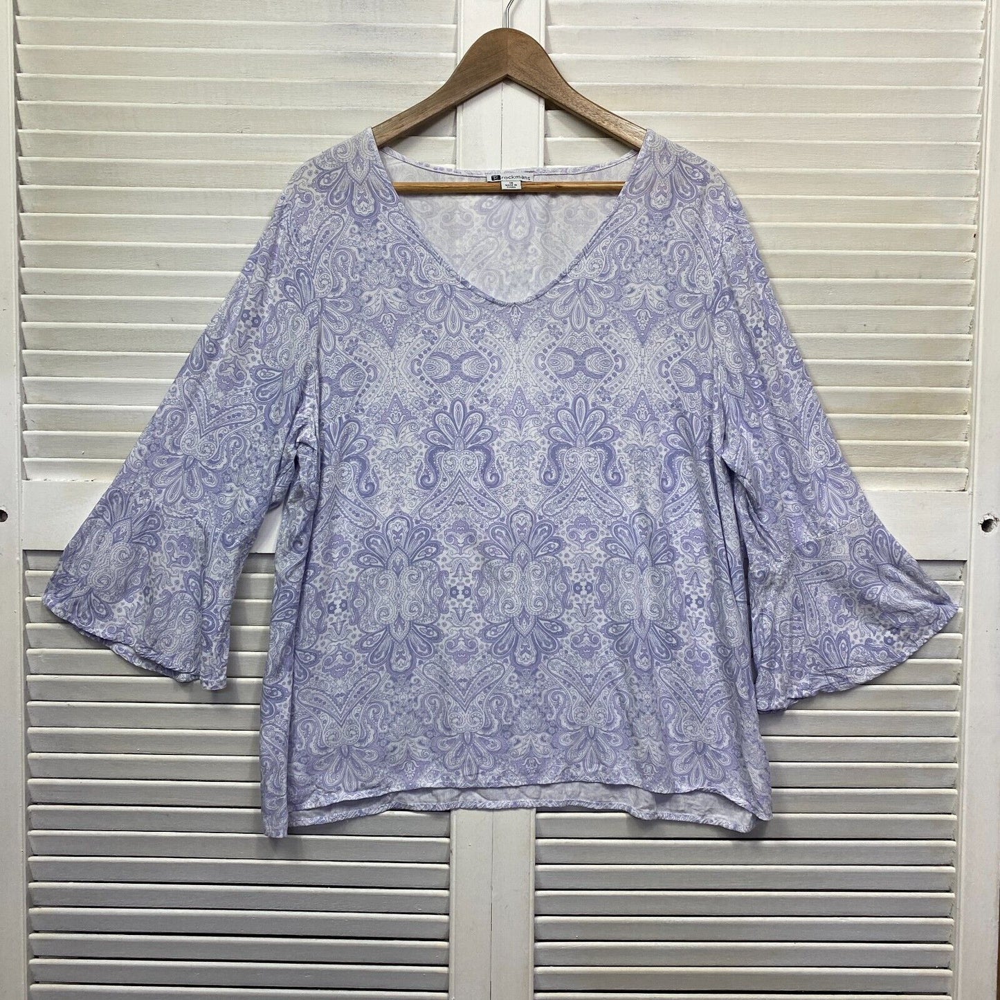 Rockmans Top Size 18 Purple Mauve Bell Sleeve Paisley Print V Neck Viscose