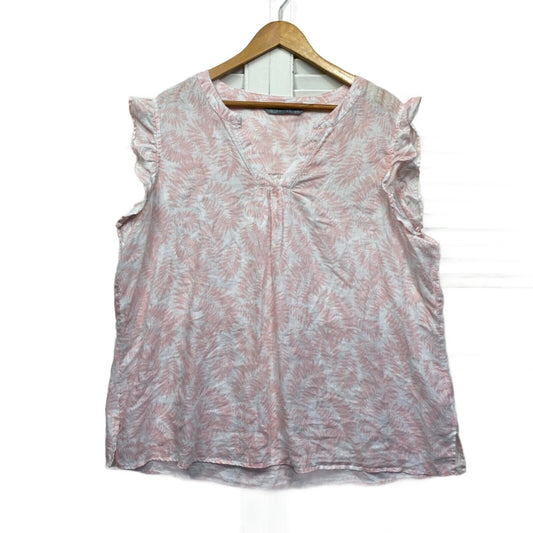 Katies Linen Top 20 Plus Pink White Floral Short Sleeve Ruffle V Neck Preloved