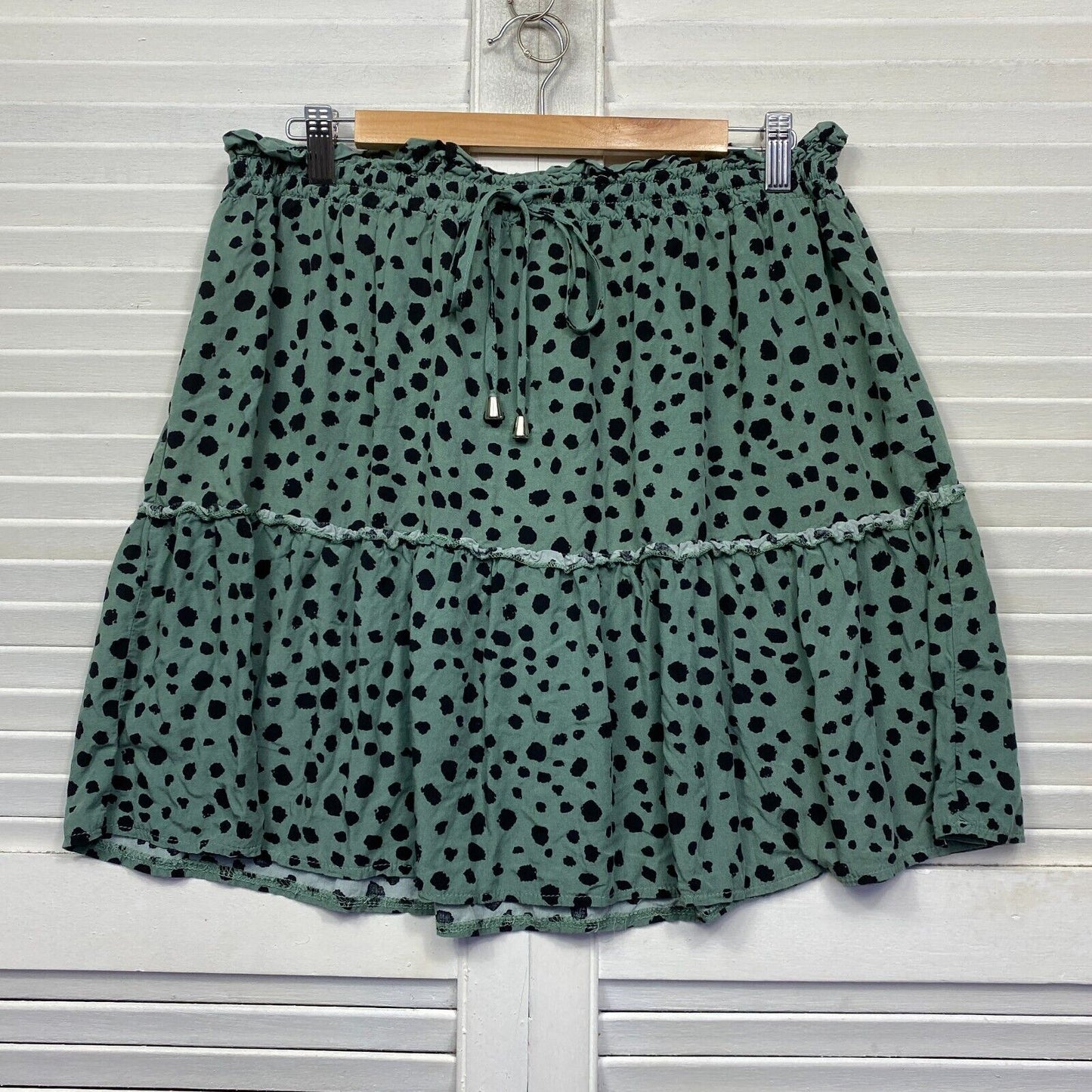 St Frock Skirt Size 14 Green Black Mini Drawstring Short Rayon Preloved