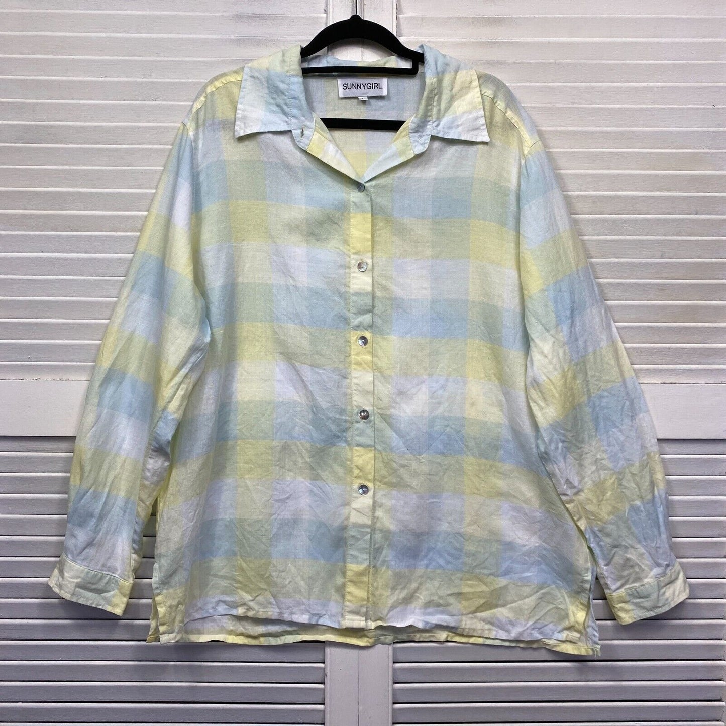 Sunnygirl Linen Top Size Large Check Button Up Collared Preloved