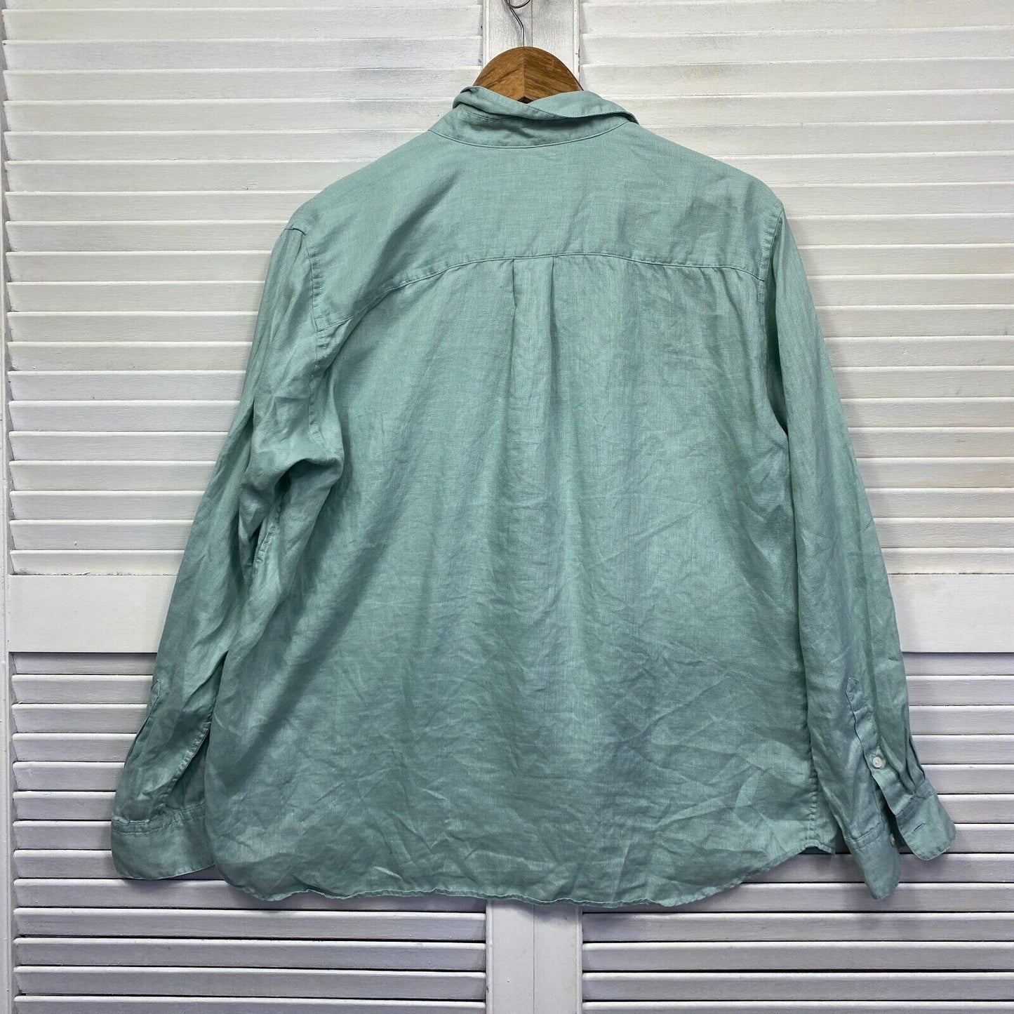 Uniqlo Linen Top Size 14 Large Green Long Sleeve Button Up Collared Preloved