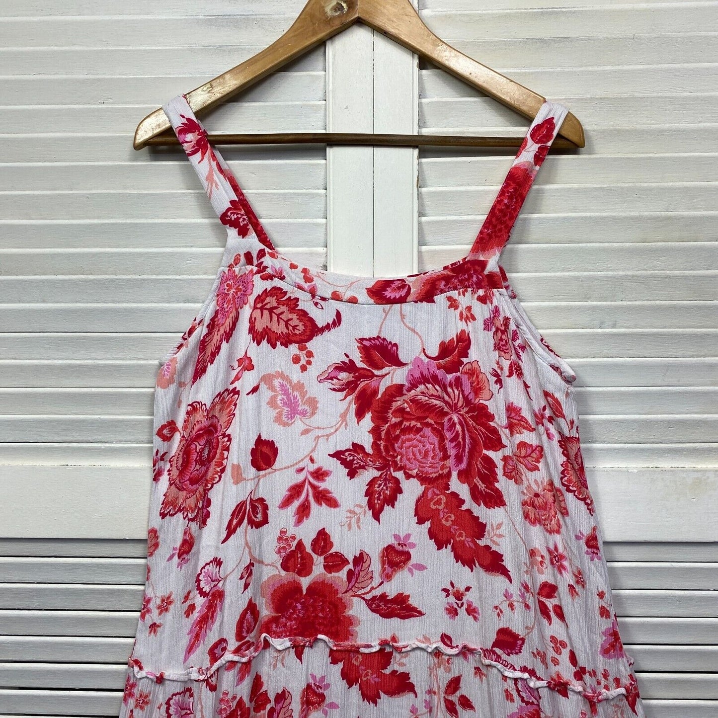 Rockmans Maxi Dress Size 14 Red White Floral Sleeveless Viscose