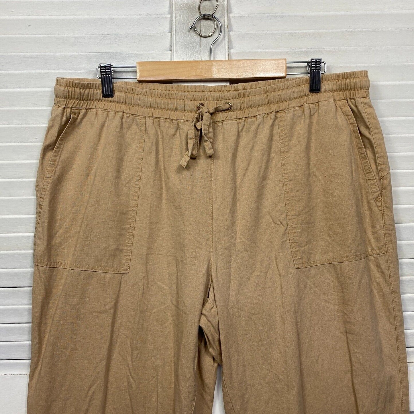 Suzanne Grae Pants Size 16 Plus Tan Beige Cropped Pockets Linen Blend Drawstring