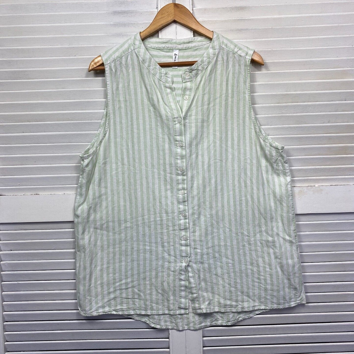 & Me Top Size 16 Plus Green White Striped Linen Blend Sleeveless Preloved