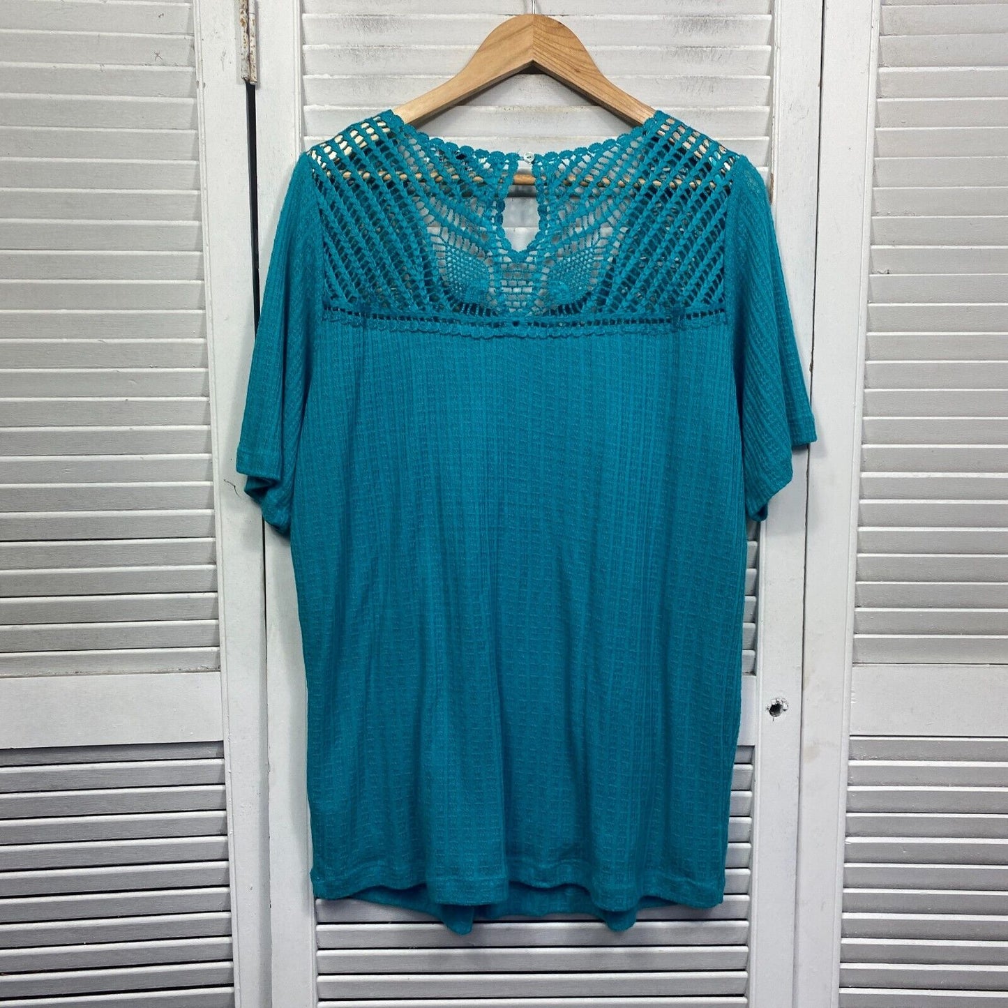 beme Plus Size Top Size 14 Plus XS Blue Green Teal Crochet Neck Short Sleeve