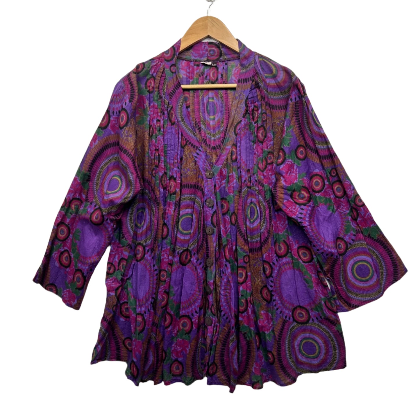 Purple Boho Tunic Top Long Sleeve Pintuck 100% Cotton Size 12 14 Fit