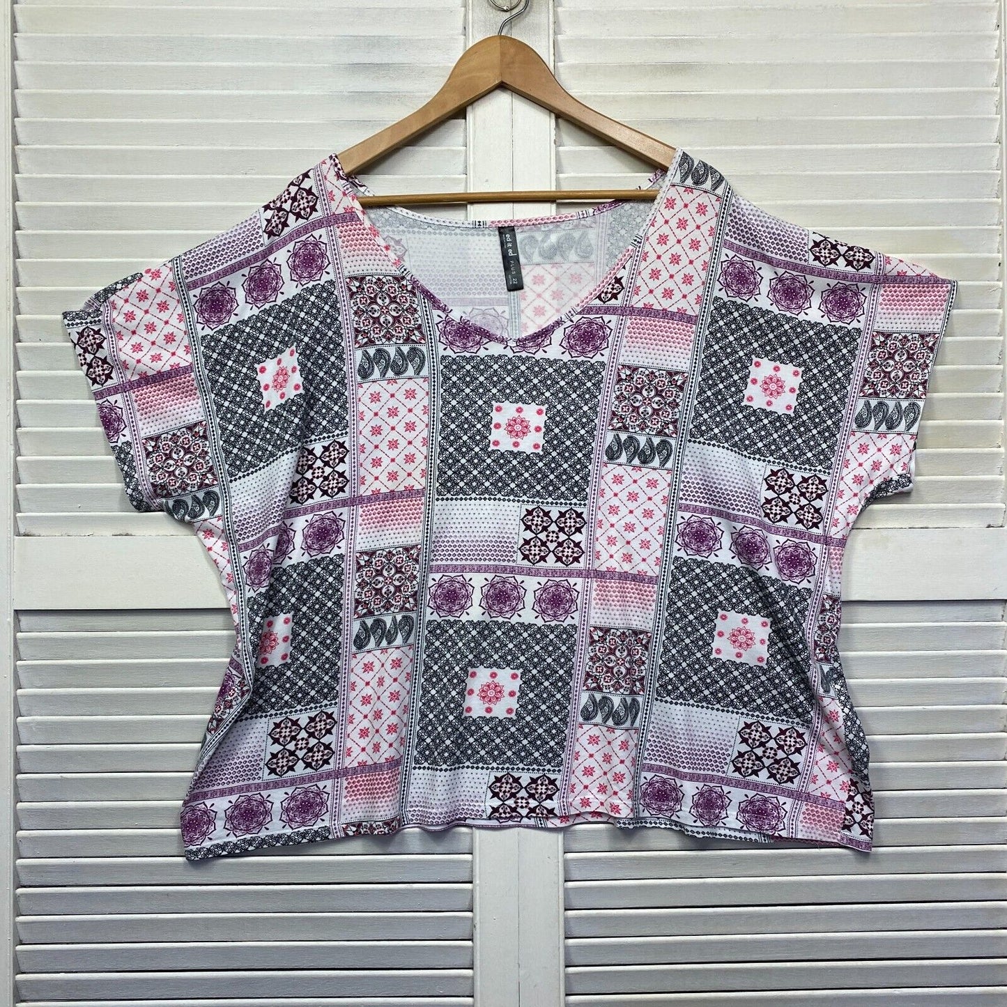 Edited Top Size 22 Plus Pink White Patchwork Print Short Sleeve Cotton