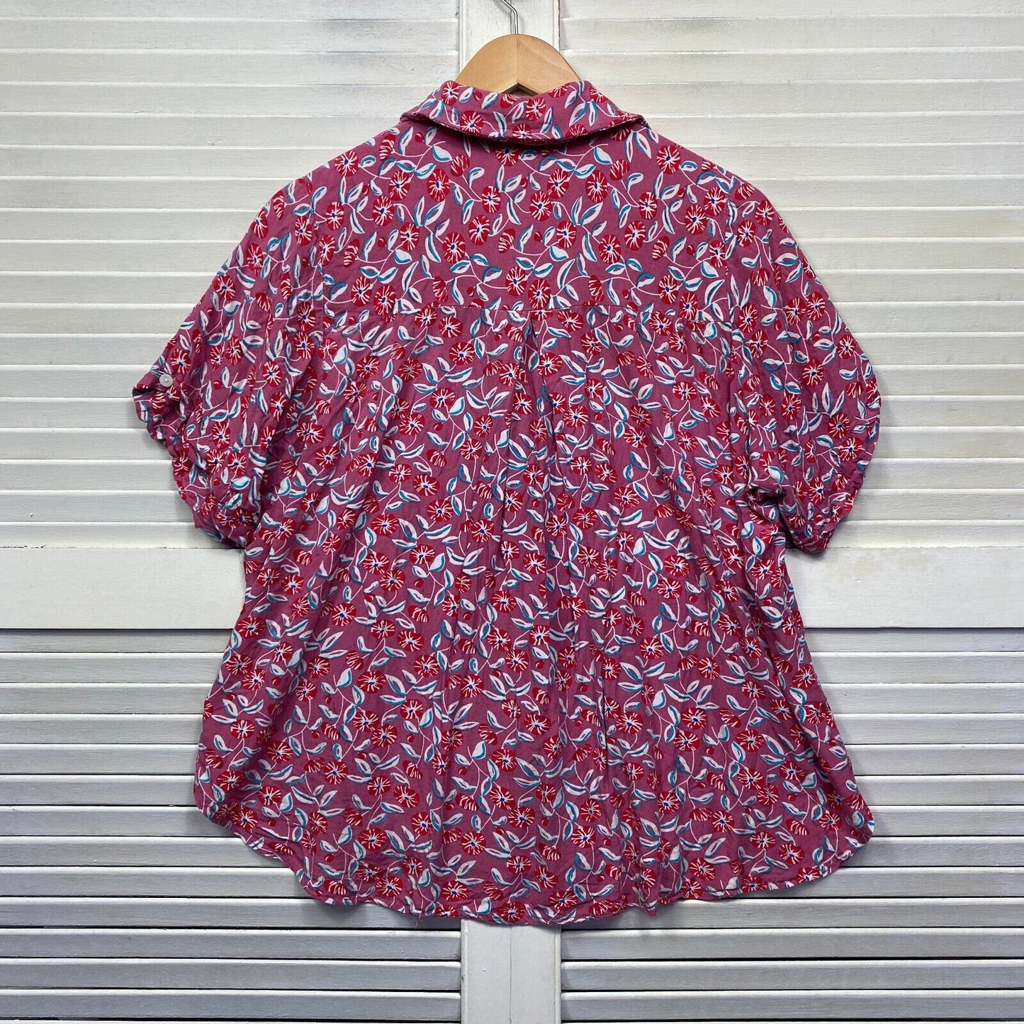 Mombasa Rose Top Size XL 16 Button Up Short Sleeve Collared Floral Pink Rayon