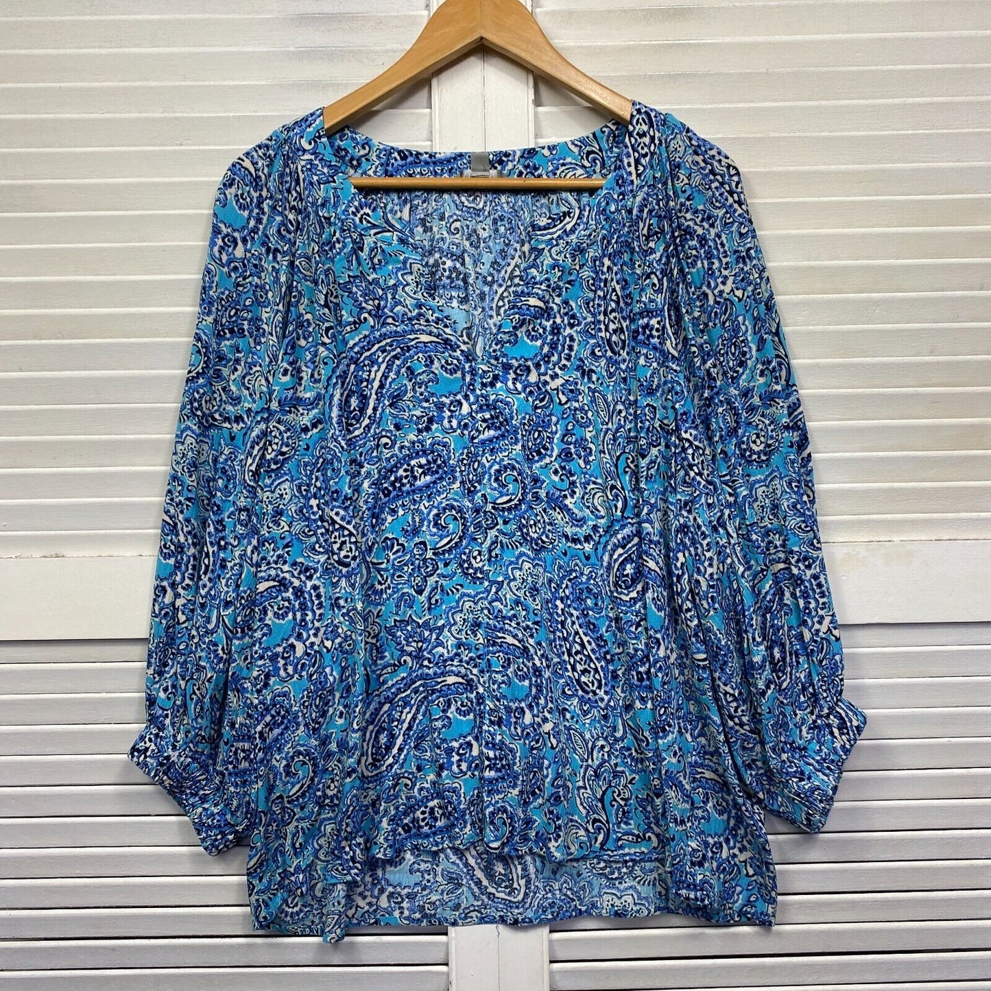 Suzanne Grae Top Size 14 Blue Long Sleeve Paisley Viscose