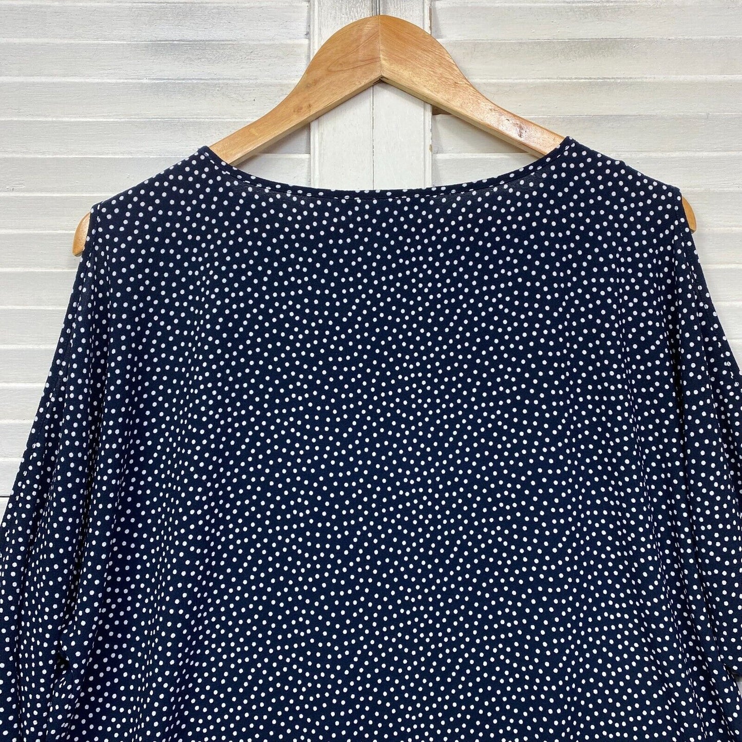 Suzanne Grae Top Size 14 Blue Polka Dots Cold Shoulder Sleeve