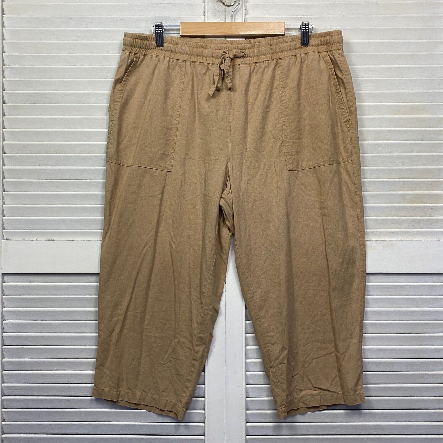 Suzanne Grae Pants Size 16 Plus Tan Beige Cropped Pockets Linen Blend Drawstring