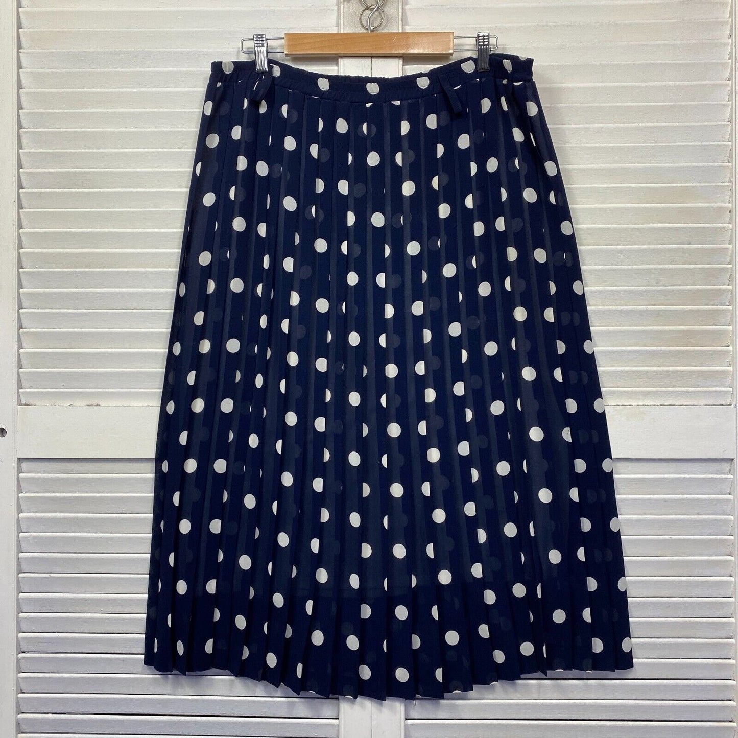 Vintage Skirt Size 14 Navy White Polka Dots Pleated Lined Elastic Waist