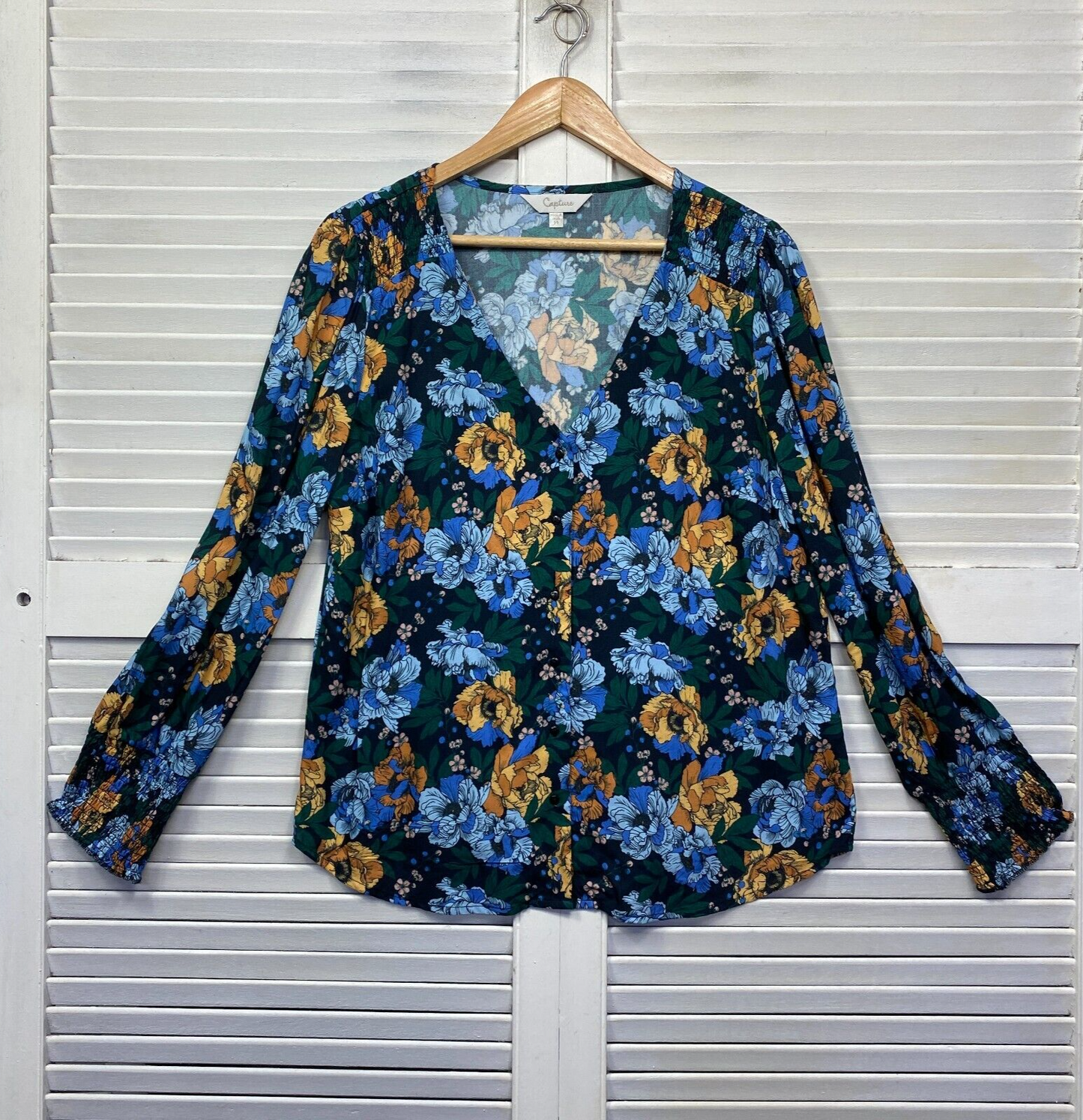 Capture Top Size 14 Blue Long Sleeve Multicoloured Floral Viscose