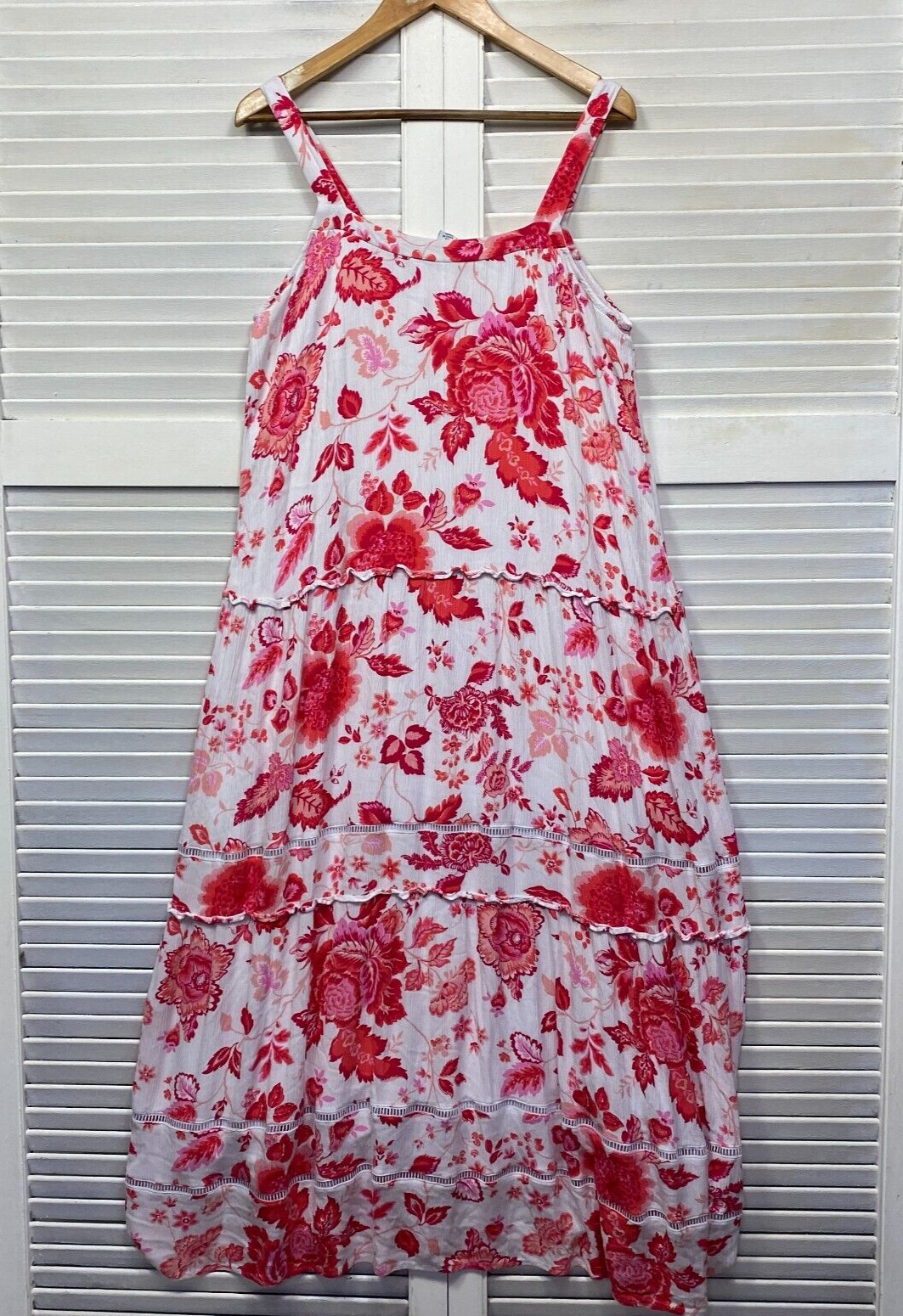 Rockmans Maxi Dress Size 14 Red White Floral Sleeveless Viscose