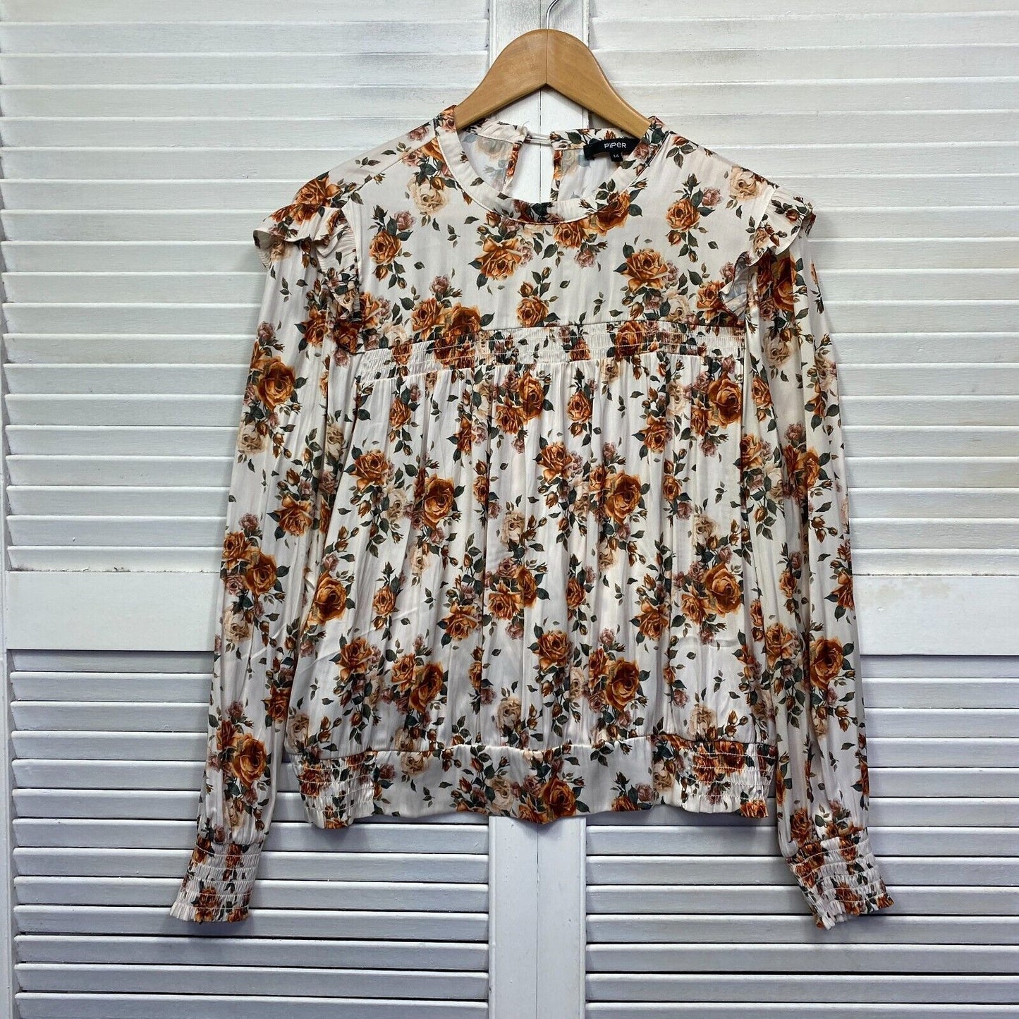 Piper Top Size 14 White Floral Long Sleeve Ruffle Ruched Cocktail Business