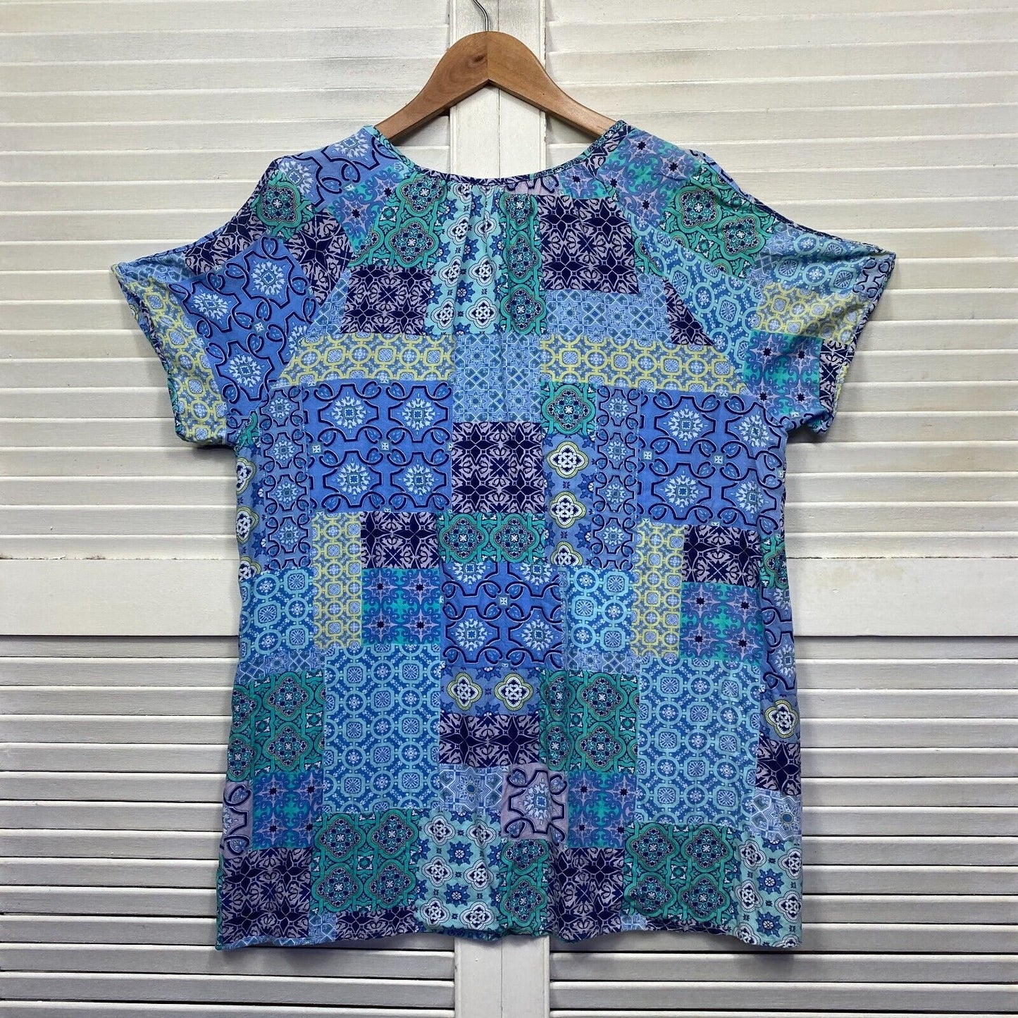 Millers Top Size 16 Blue Patchwork Print Cold Shoulder Short Sleeve Viscose